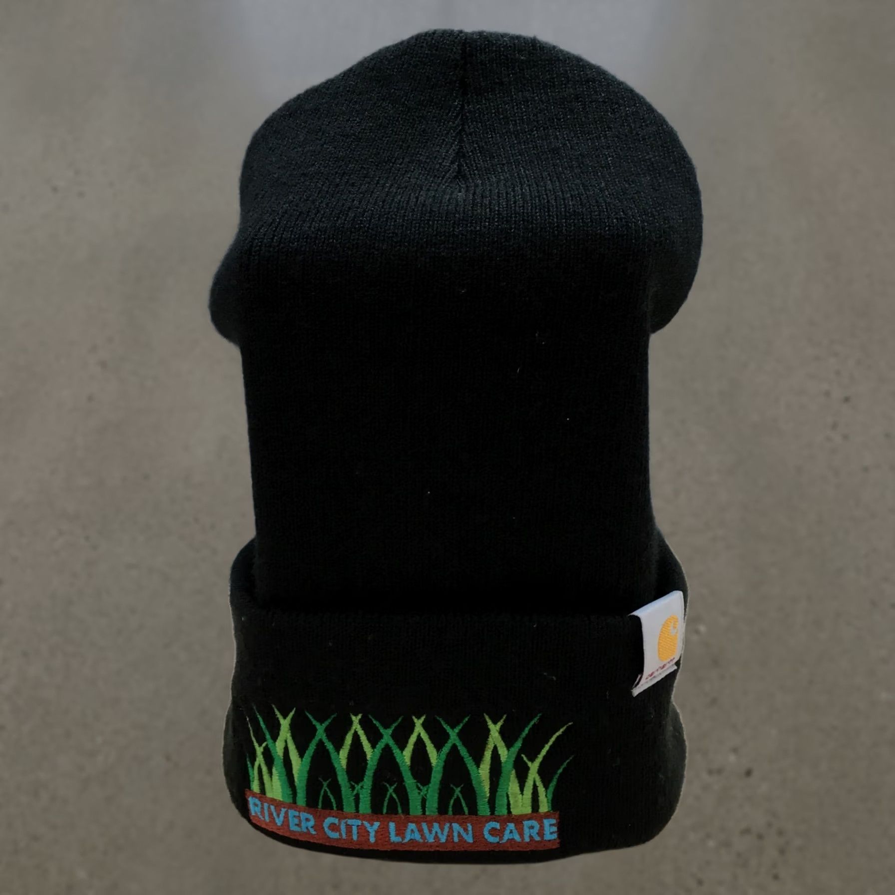 Carhartt Carhartt Beanie Hat Mens One Size Black Embroidered Logo River City Lawn Care Knit Cap Size ONE SIZE - 1 Thumbnail