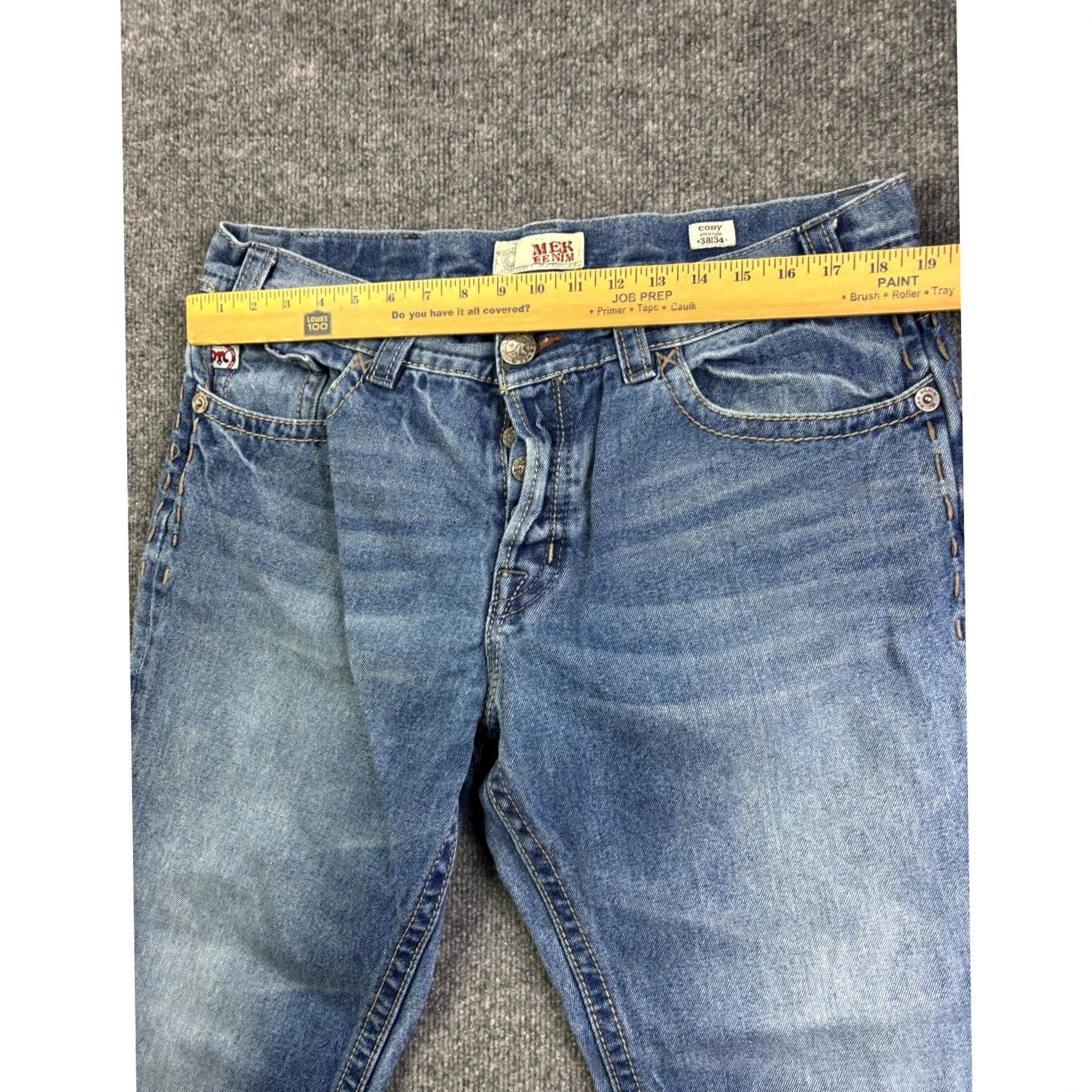 Denime MEK Denim Cody Straight Jeans Mens 38x34 Blue Embroidered Button Fly Denim Straight Reg Mid Rise 5-Pocket Modern Vintage Look Size US 38 / EU 54 - 4 Thumbnail