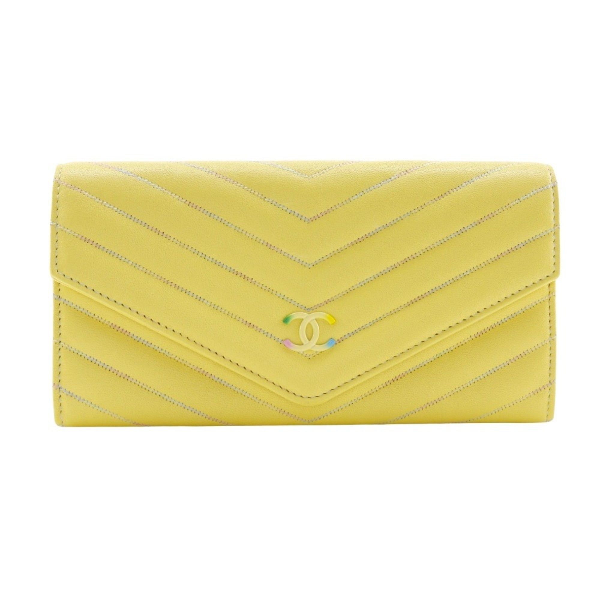 Chanel Chanel V stitch long wallet Coco mark lambskin yellow snap button women's Size ONE SIZE - 1 Thumbnail