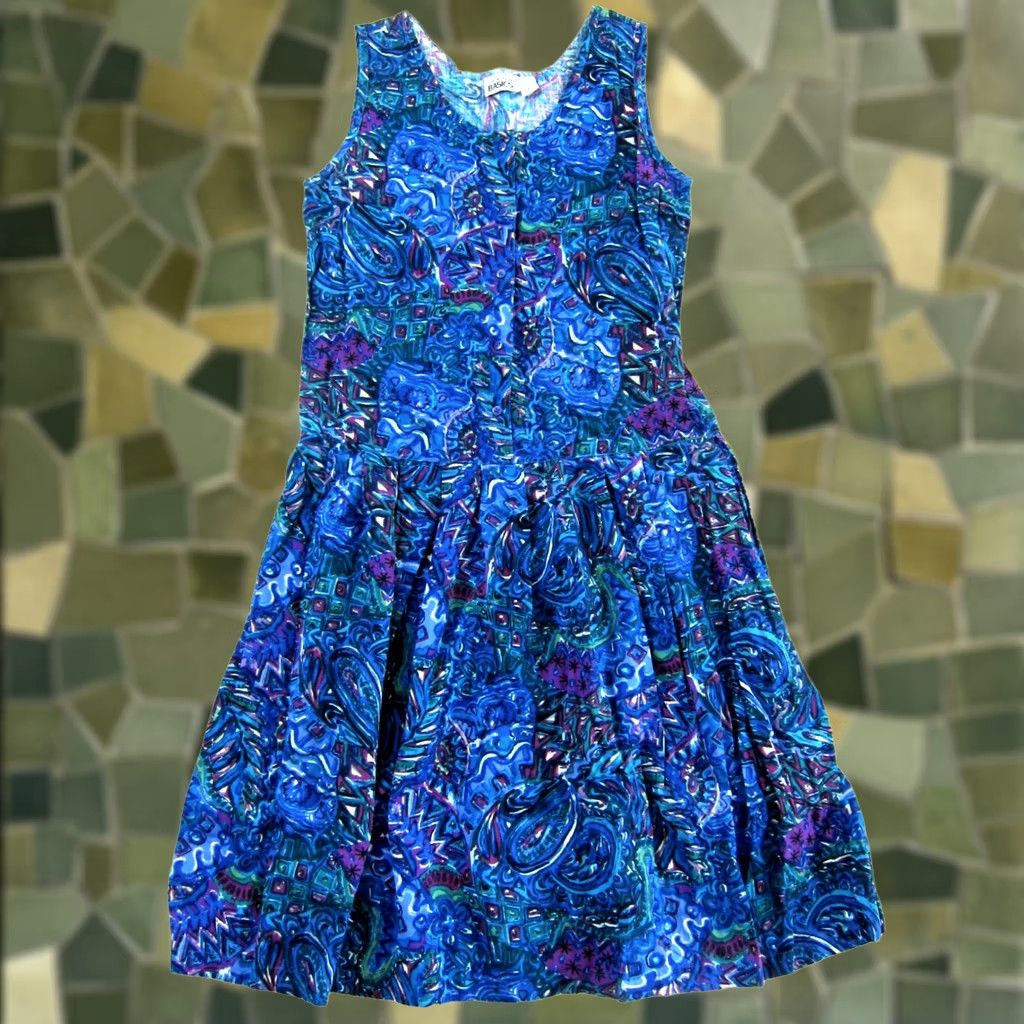 Asics VINTAGE Trend Basics Dress Womens L Blue VTG Purple Green Floral Pocket Drop Waist Midi Tank Size L / US 10 / IT 46 - 1 Thumbnail