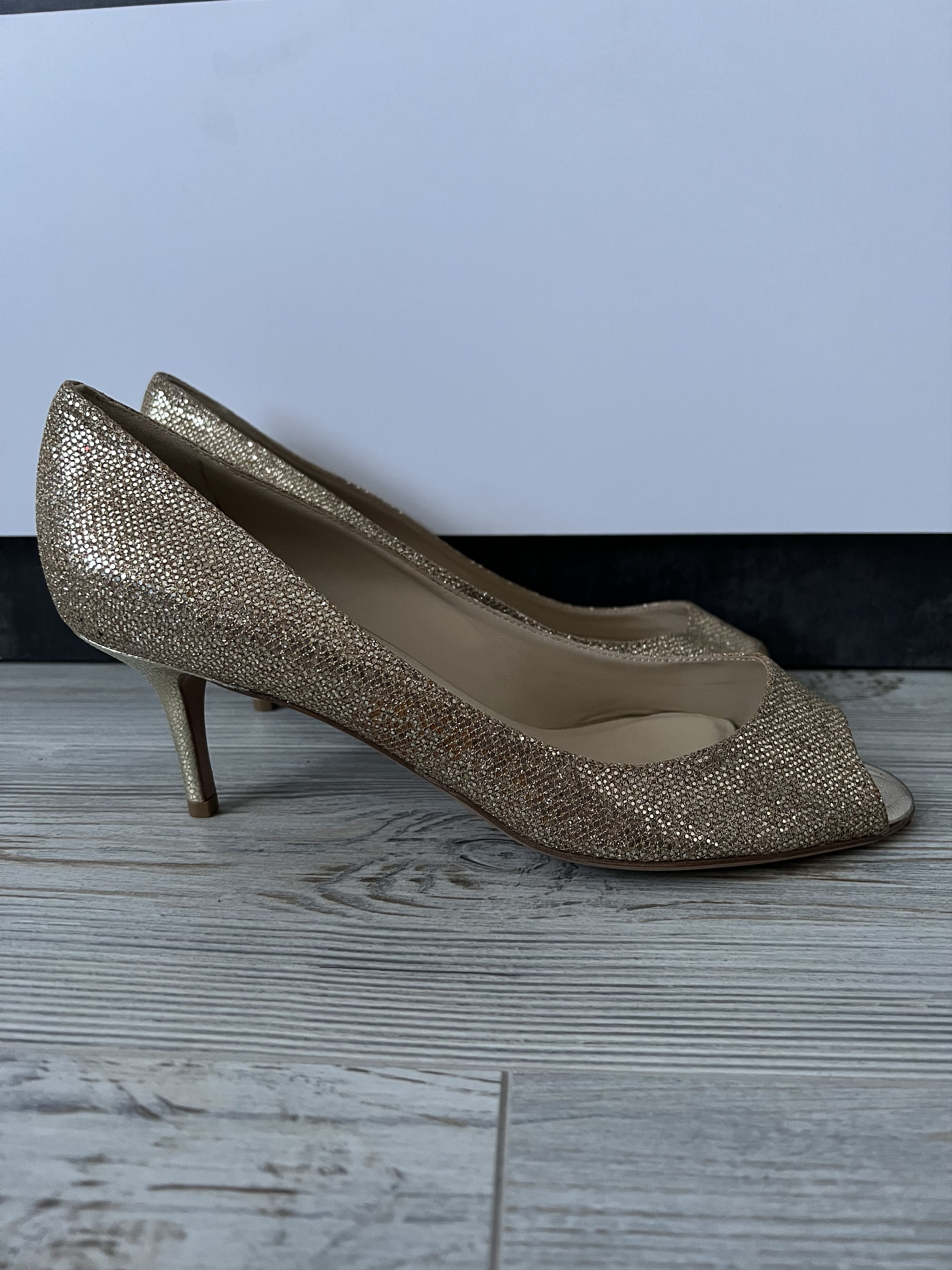 Jimmy Choo Jimmy Choo Gold Glitter Peep Toe Leather Heels Size 40 Size US 10 / IT 40 - 2 Thumbnail