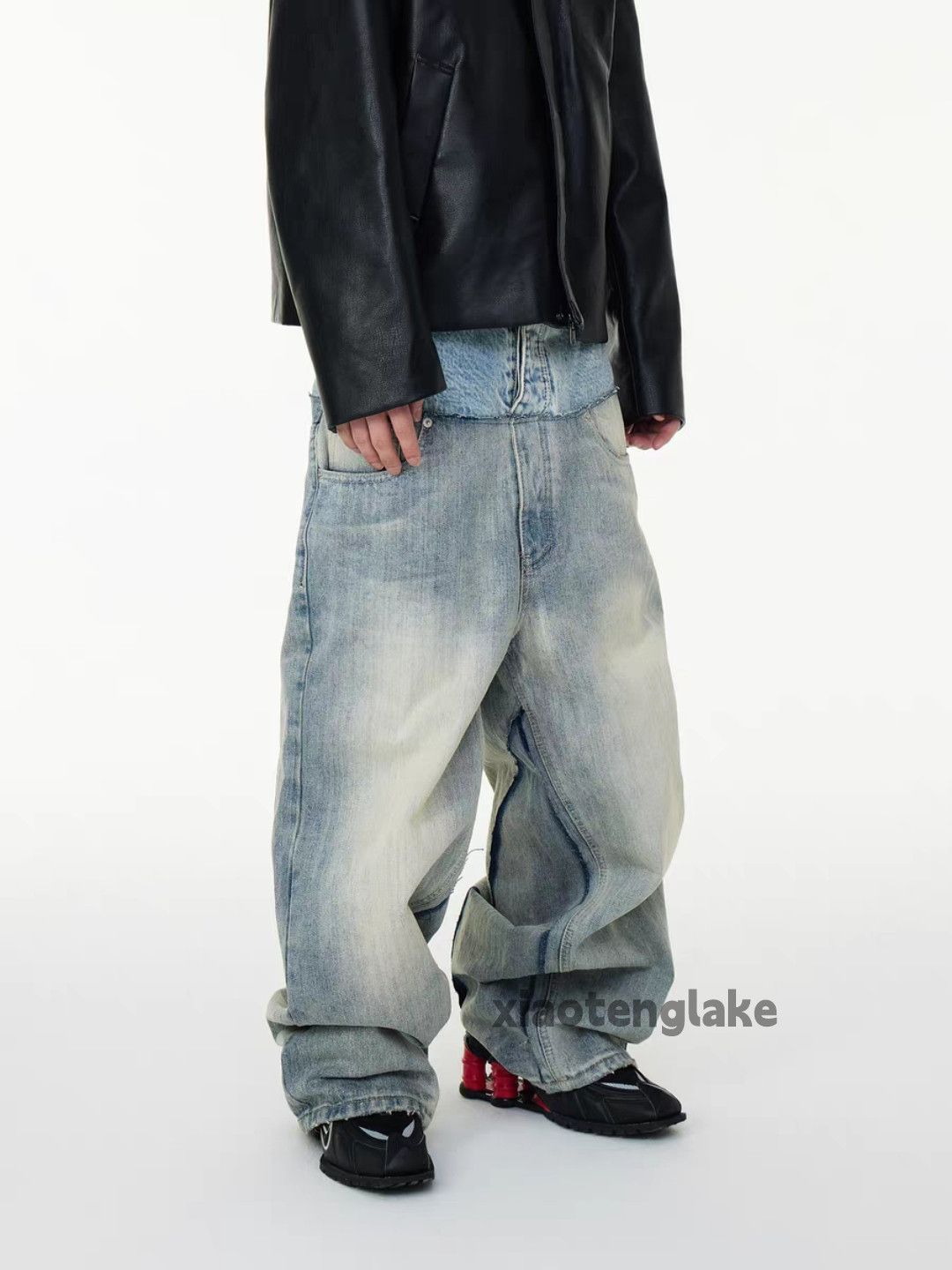 Jean Unisex washed faded double waist loose hiphop jeans Size US 32 / EU 48 - 6 Thumbnail