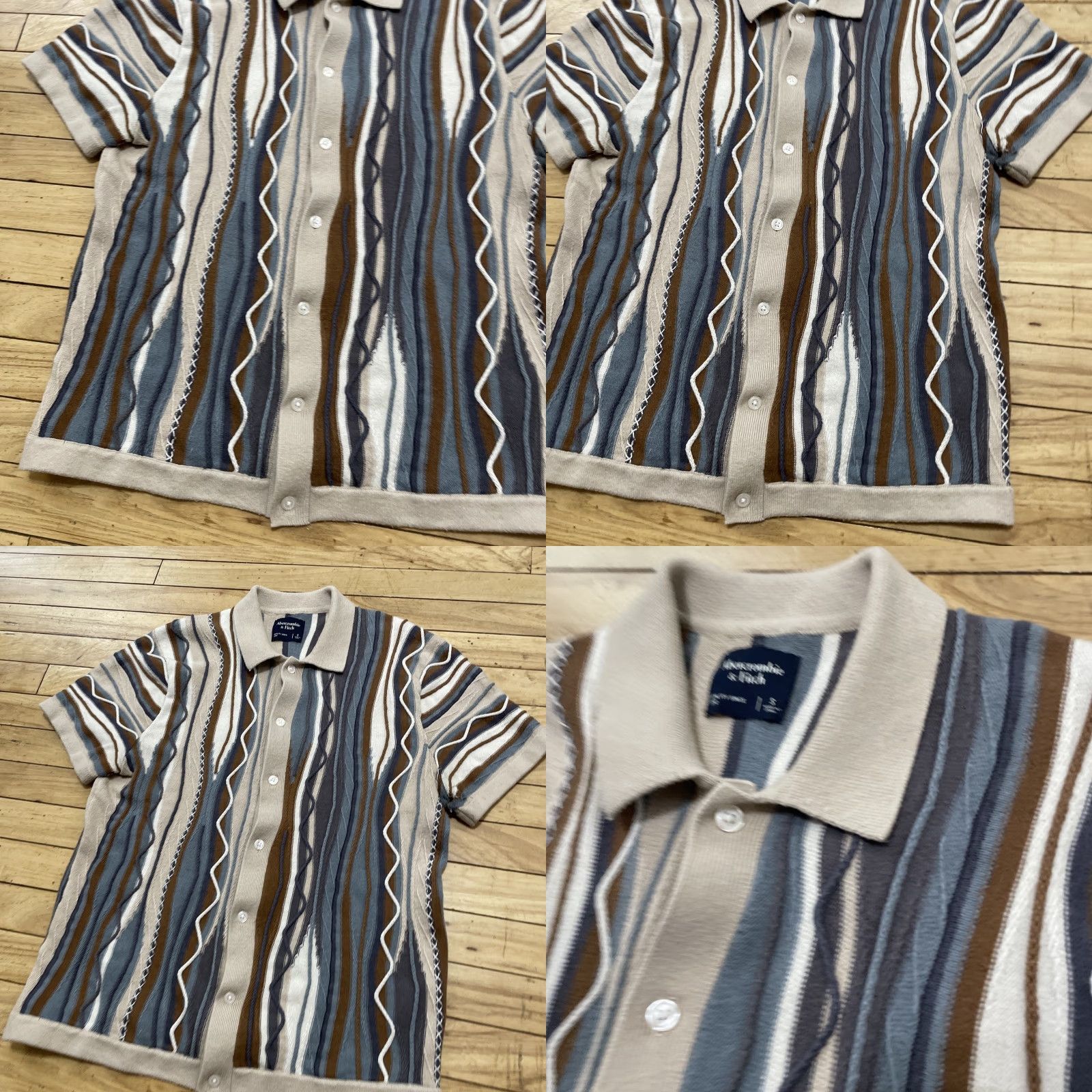 Abercrombie & Fitch Shirt Jacquard Stripe Button Through 3D Polo Cosby Mens S Multicolor Striped Pattern Knit Polo