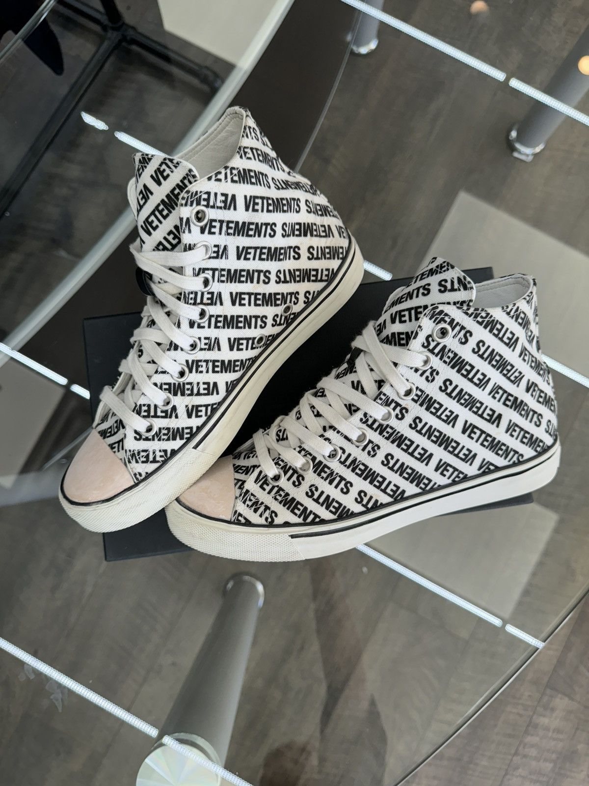 image of Vetements Logo Printed Canvas Hi-Top Sneaker (39) in White, Men's (Size 6)