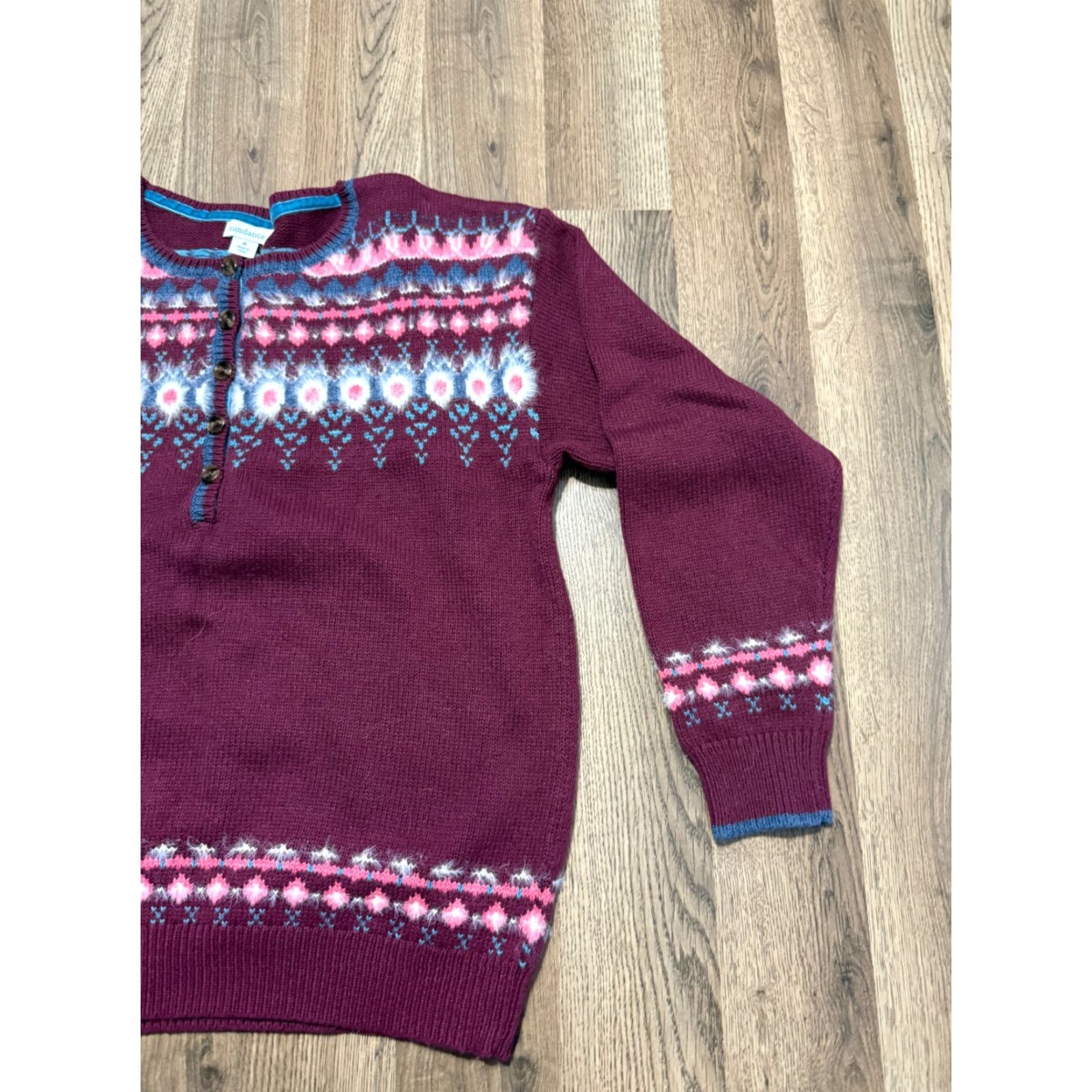 Vintage Sundance Sweater Women's Medium Red Blue White Fair Isle 1/4 Buttons Pullover Knit Long Sleeve Size M / US 6-8 / IT 42-44 - 4 Thumbnail