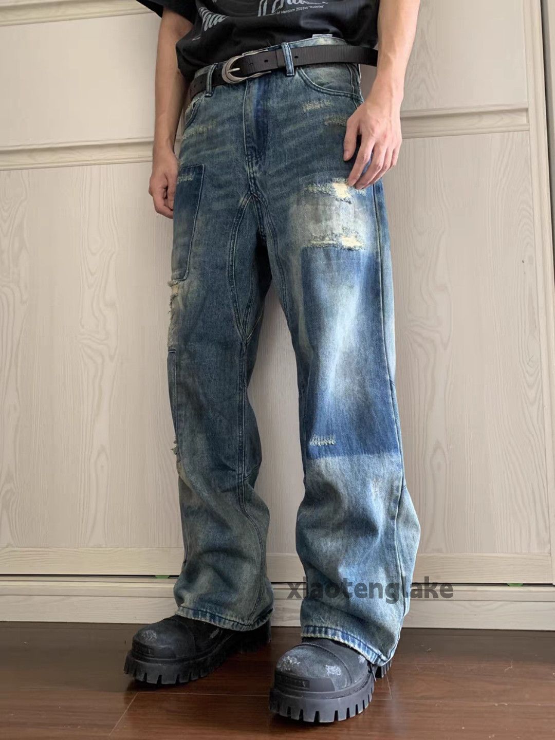 Jean × Vintage washed faded loose baggy damaged stain patch jeans Size US 33 - 4 Thumbnail