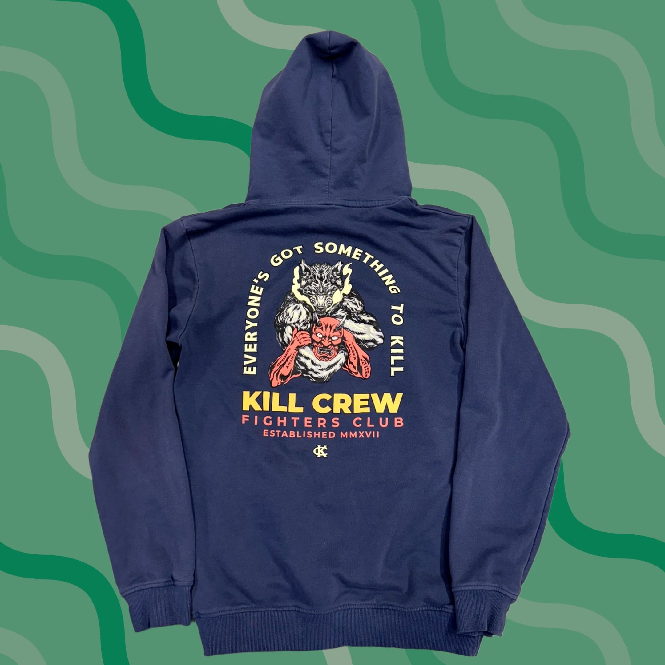Vintage Kill Crew Hoodie Mens Medium Blue Graphic Print Pullover Sweatshirt Back Graphic Front Logo Pockets Gym & Training Sports Jersey Size US M / EU 48-50 / 2 - 1 Thumbnail