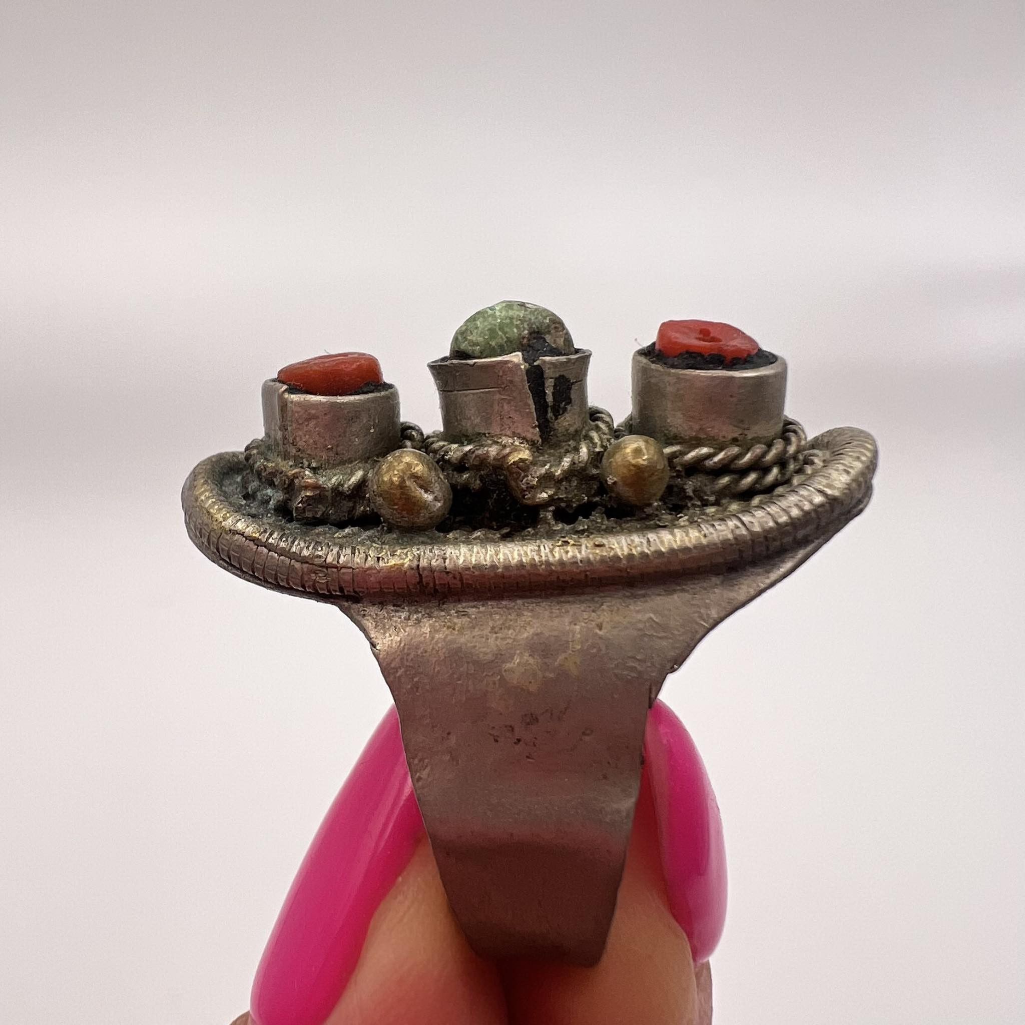 Antique Ethnic Bedouin Yemen Coral Turquoise Handmade Ring