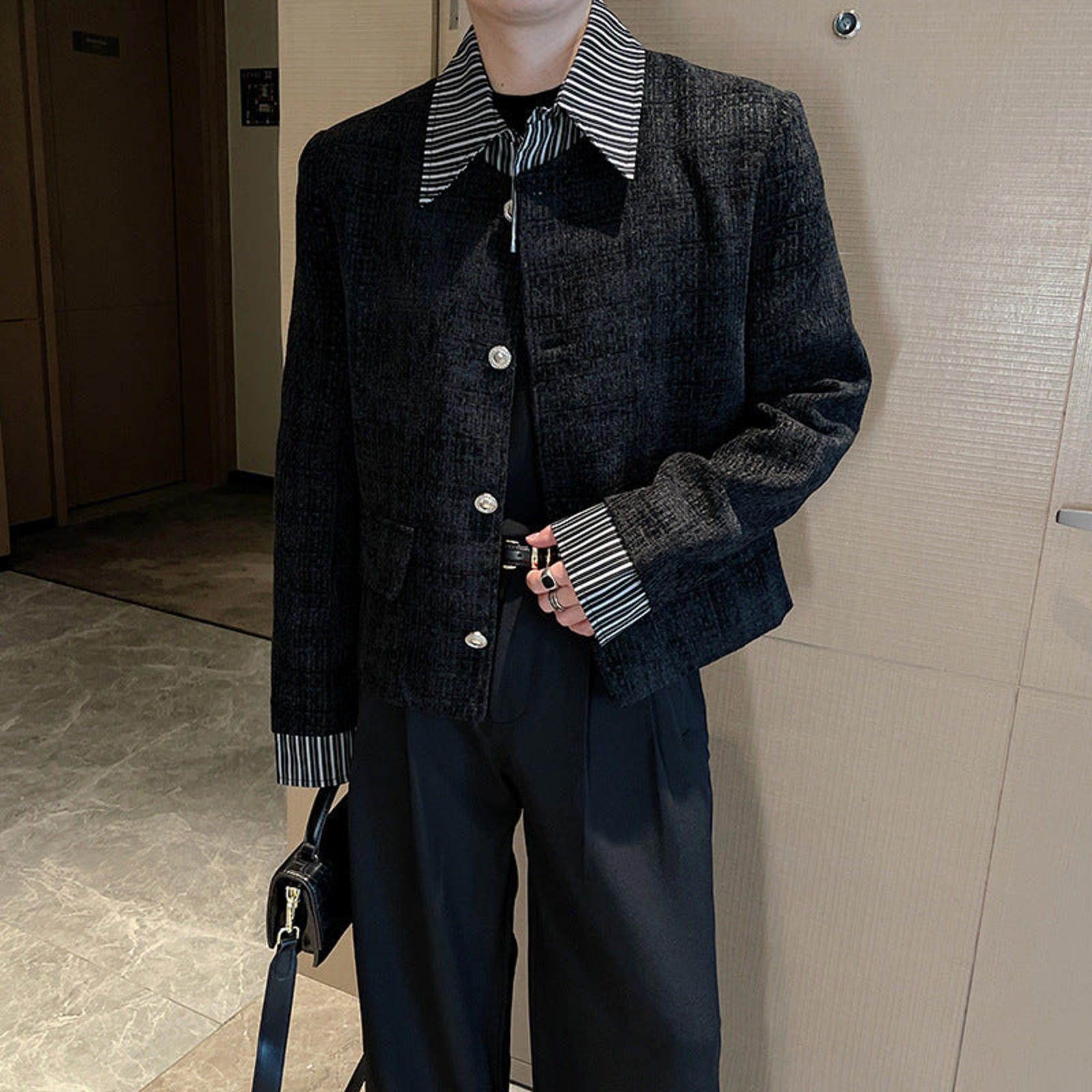 Japanese Brand Black Textured Cropped Jacket, Men's Button-Up Outerwear Size US M / EU 48-50 / 2 - 3 Thumbnail