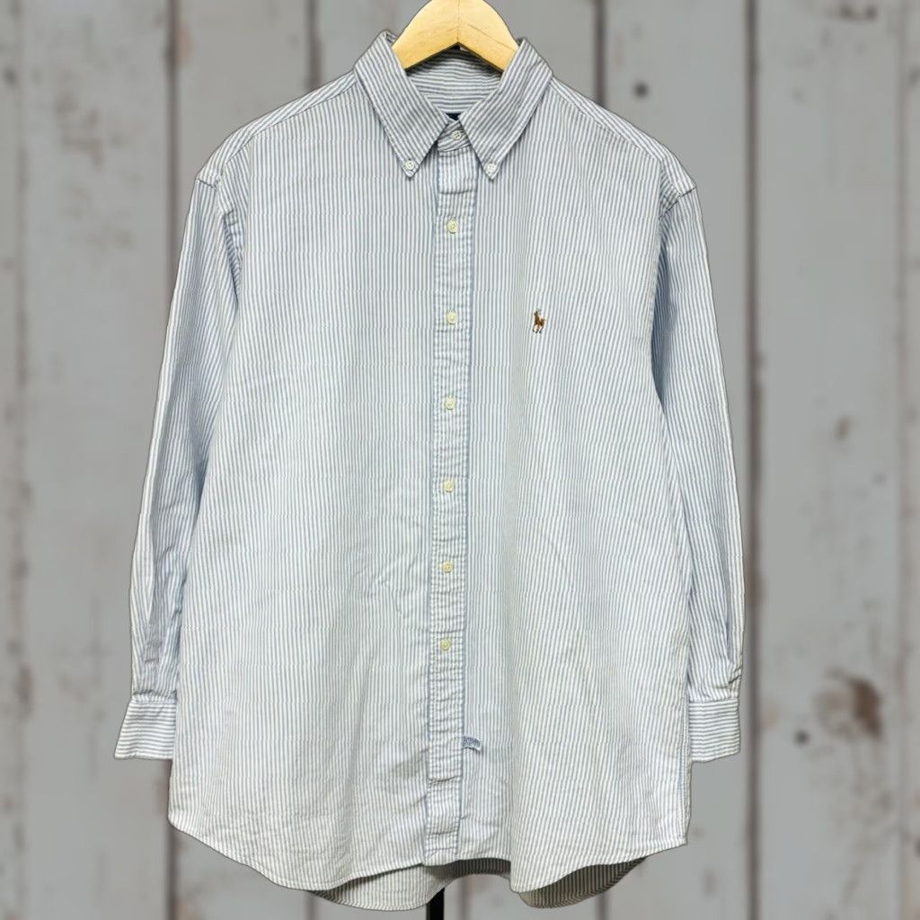 Polo Ralph Lauren Oxford Shirt Men XL Blue White Striped Flesh Pony Preppy Shirt
