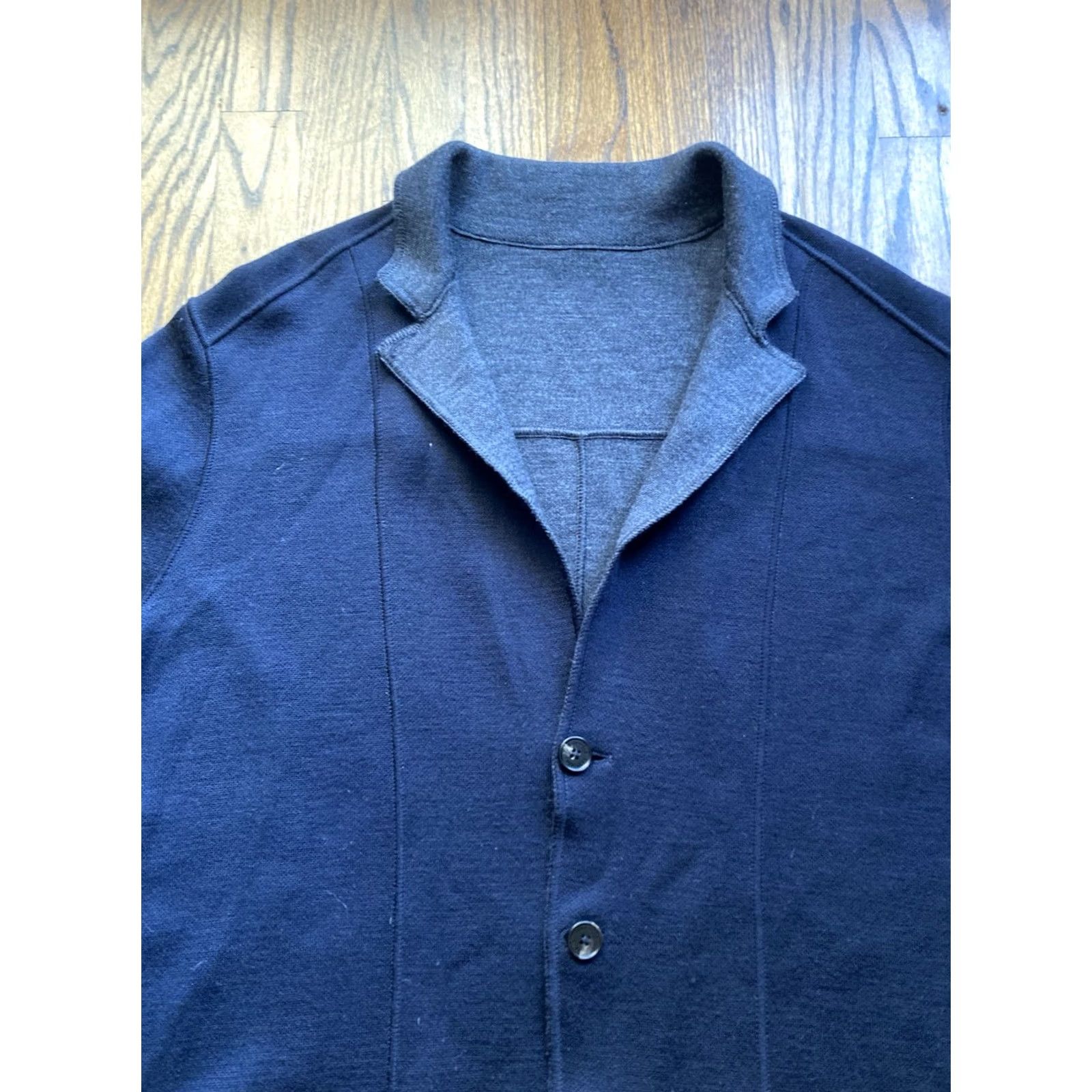 Vintage Maurizio Baldassari Sweater Jacket Mens 56 EU Reversible Jamaica Wool Swacket Navy Blue/Gray 2XL Cardigan Reversible Knit Wool Nylon Lyca Size US XXL / EU 58 / 5 - 4 Thumbnail