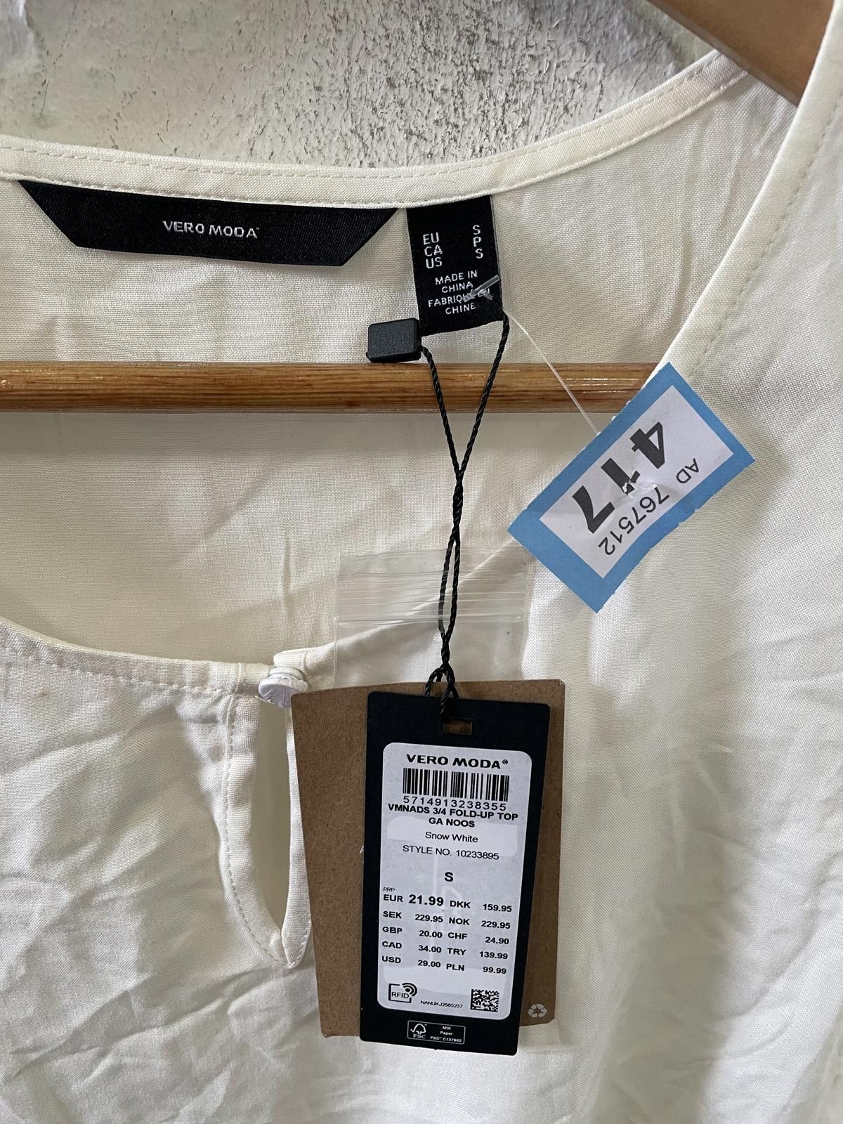 Designer Vero Moda Women's White 3/4 Sleeve Top Size S Size S / US 4 / IT 40 - 2 Thumbnail
