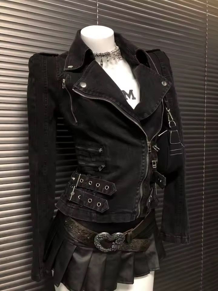 Other Washed Punk Gothic Motorcycle Denim Jacket Y2k Size M / US 6-8 / IT 42-44 - 1 Thumbnail