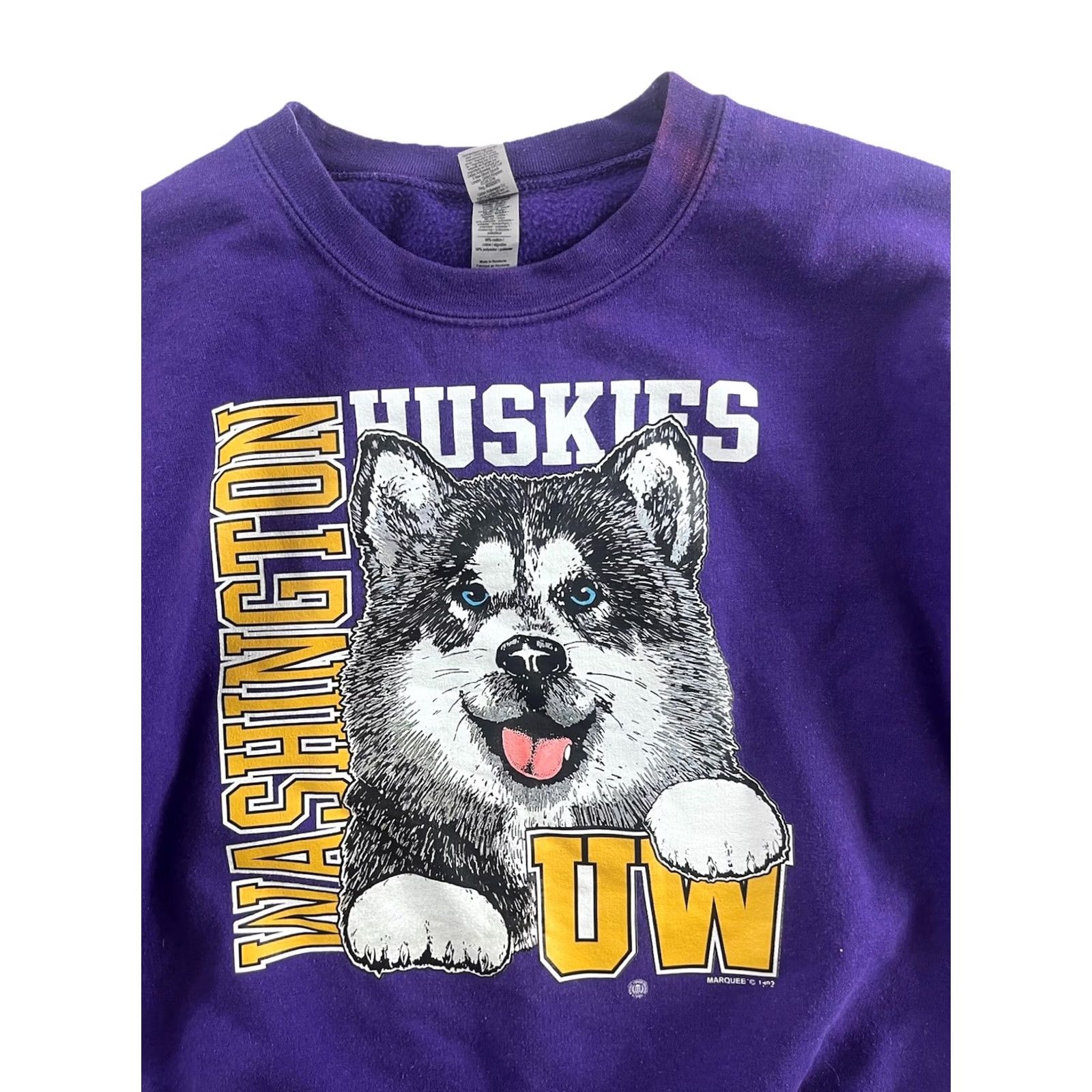 Gildan VTG 1992 UW Washington Huskies Football Gildan Pullover Sweatshirt Men L Purple Cotton Hooded Graphic Print 80s Decade Mens Size US L / EU 52-54 / 3 - 3 Thumbnail