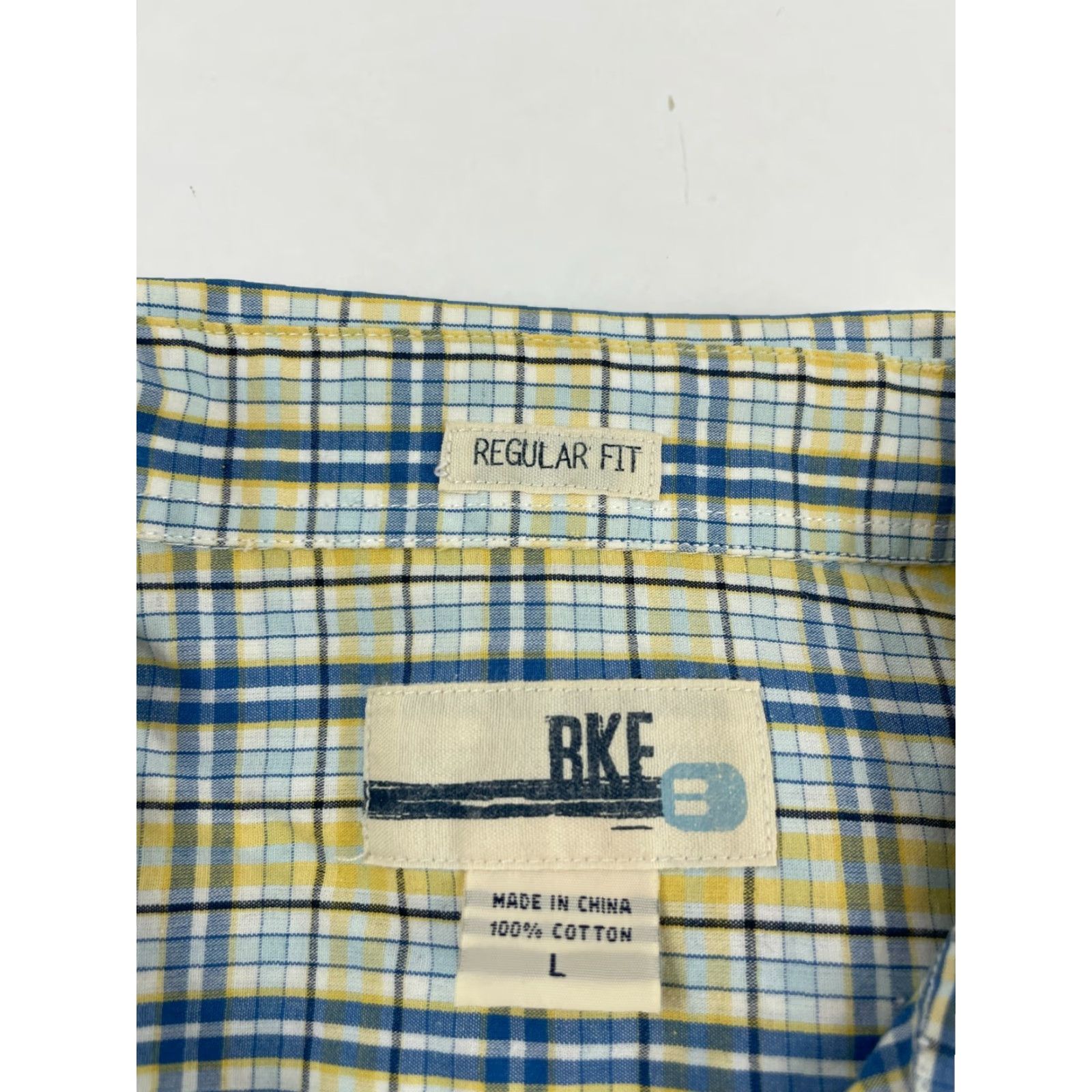 BKE BKE Shirt Men's Large Yellow Blue Check Long Sleeve Button Up Regular Fit Size US L / EU 52-54 / 3 - 6 Thumbnail