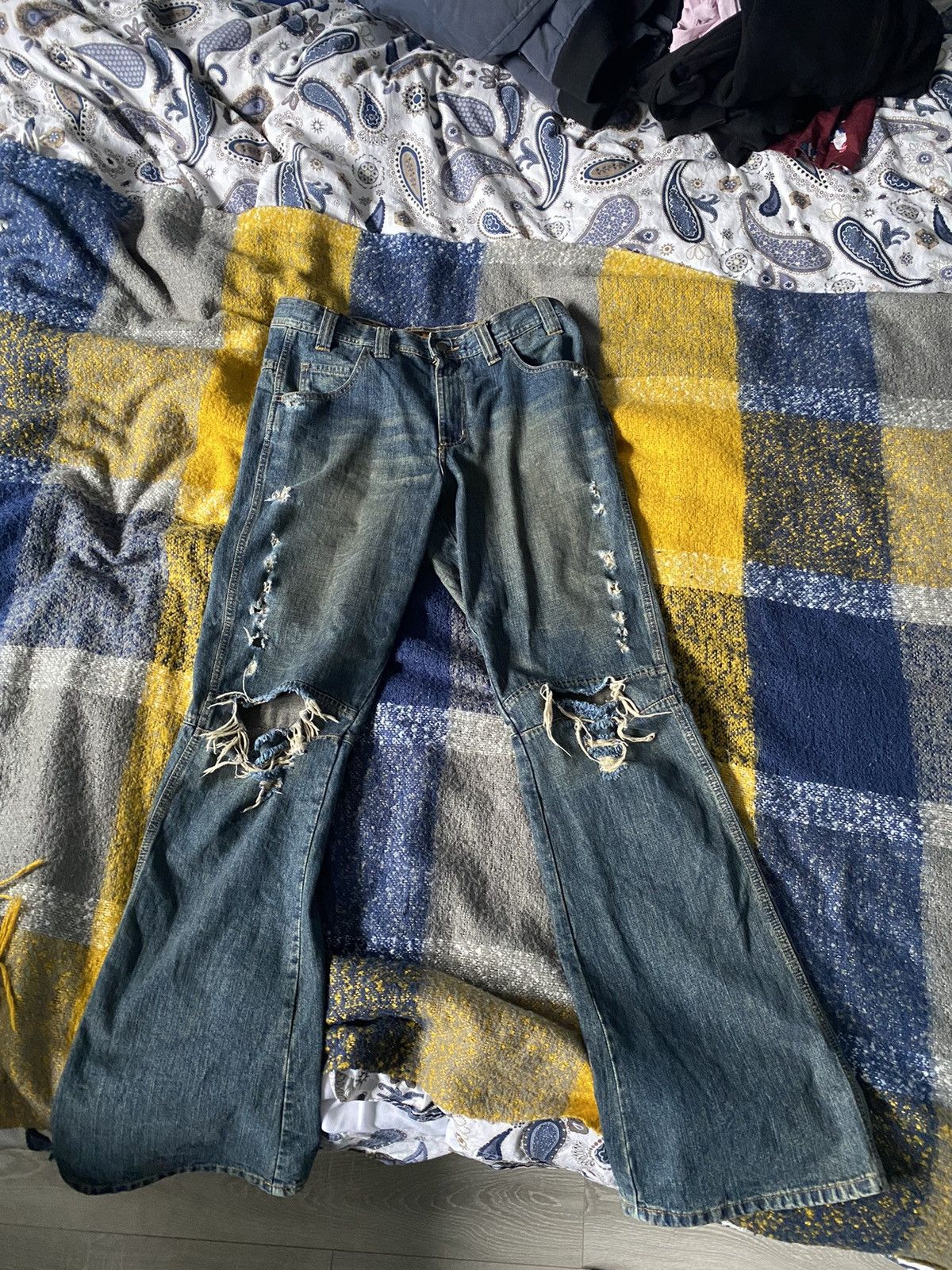 image of Vintage Open To Offers If Six Was Was Nine Dupe, Embargo Flares in Navy, Men's (Size 32)