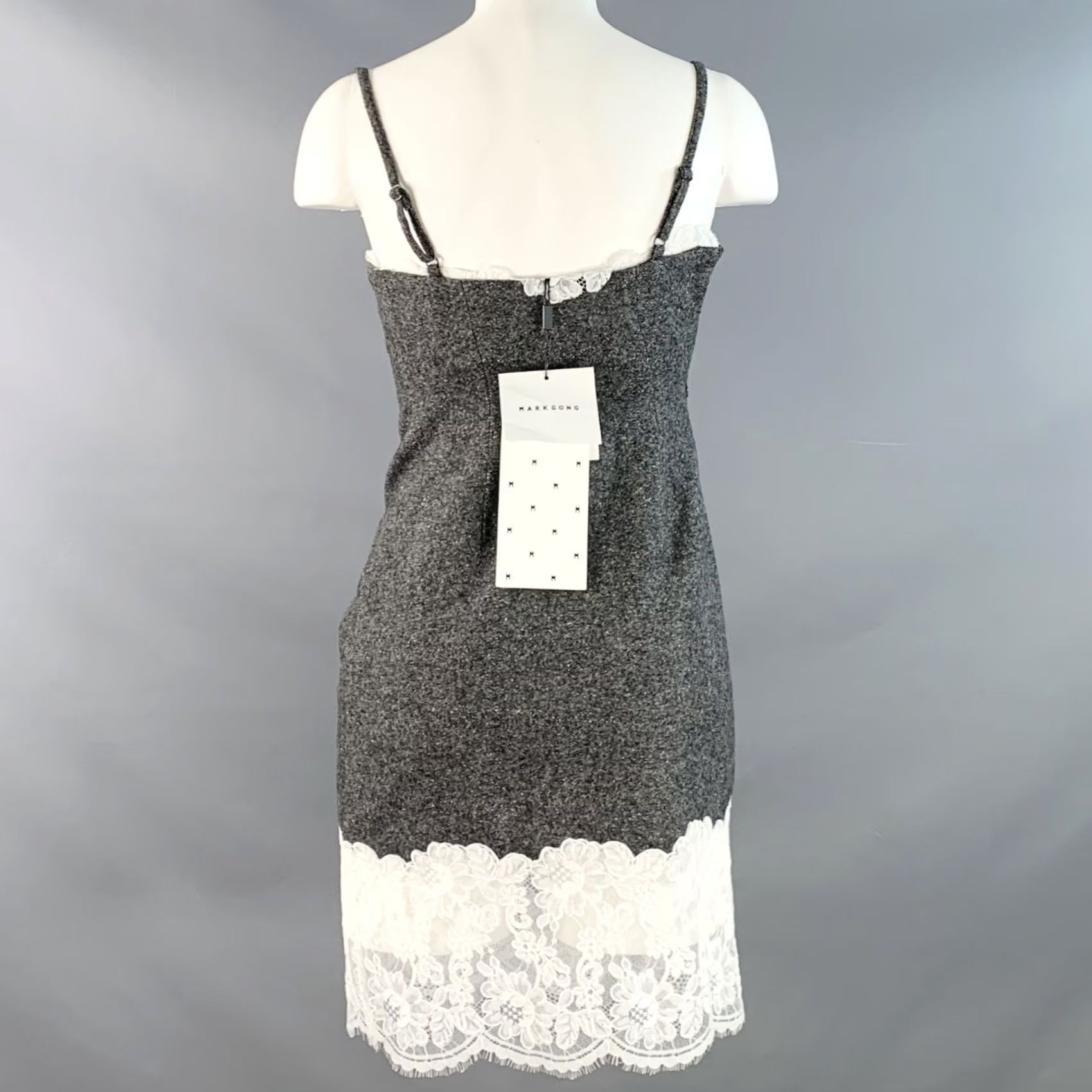 Vintage MARK GONG Size 0 Grey White Wool Blend Tweed Spaghetti Straps Lace Trim Dress Size XS / US 0-2 / IT 36-38 - 3 Thumbnail