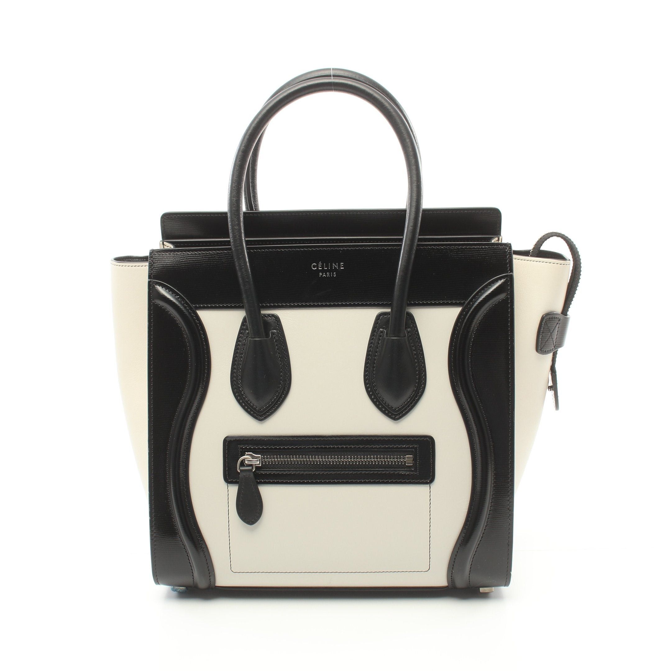 image of Celine Luggage Micro Shopper Handbag Tote Bag Leather Off White Black, Women's