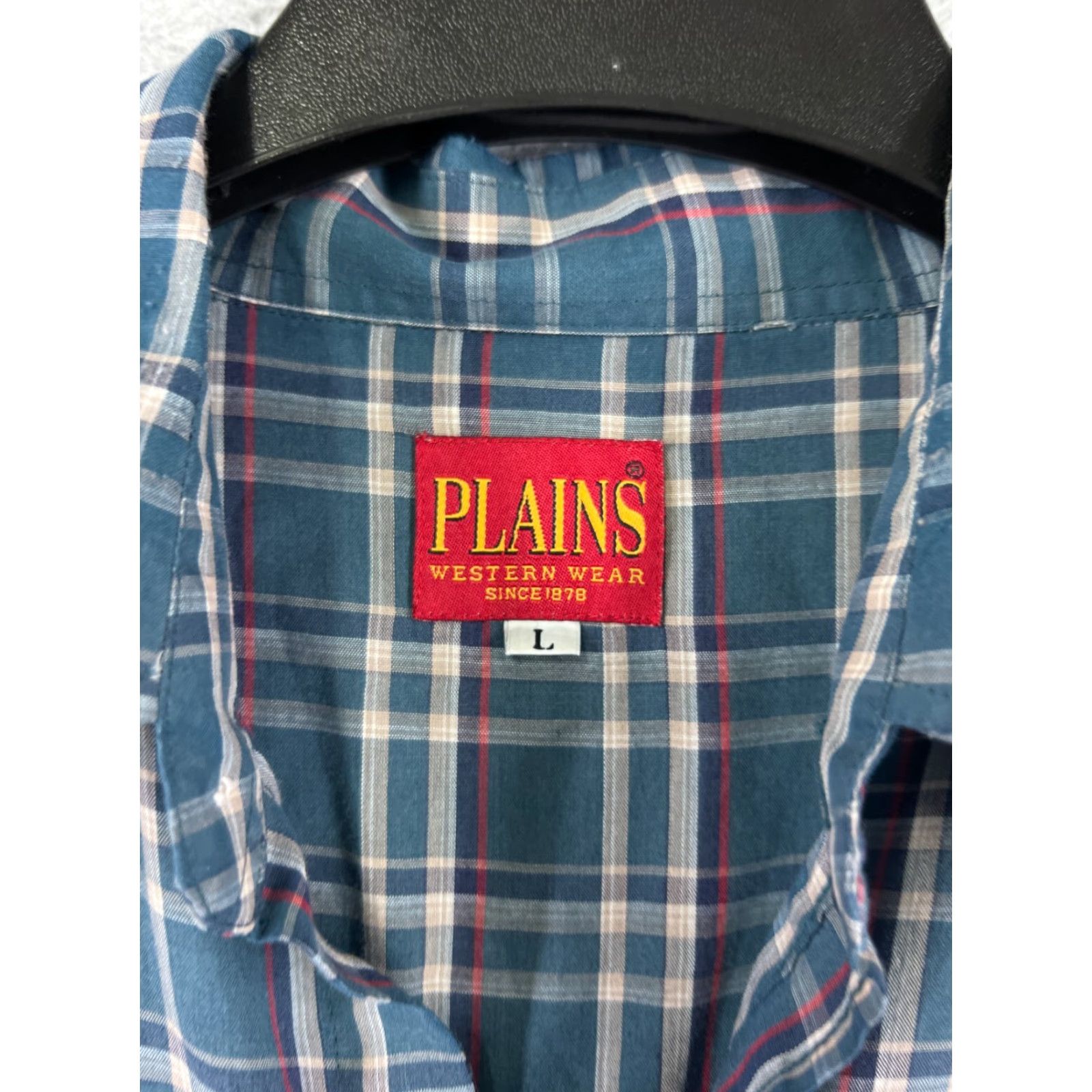 Vintage Plains Shirt Mens Large Blue Beige Plaid Pearl Snap Western Pockets Polyester Size US M / EU 48-50 / 2 - 3 Thumbnail