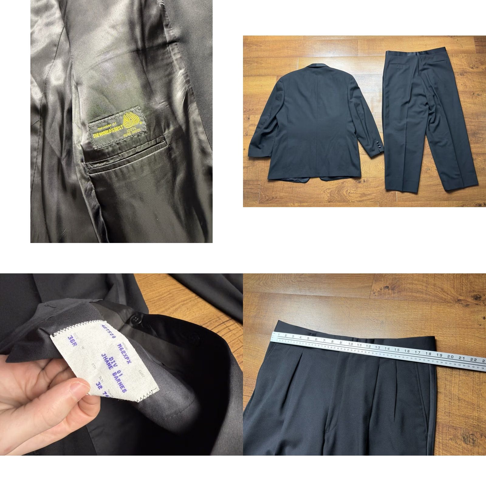 Vintage Jhane Barnes black Shawl collar wool and satin Tuxedo Mens 44R 2pc Formal Suit Jacket & Pants Size 44R - 9 Thumbnail