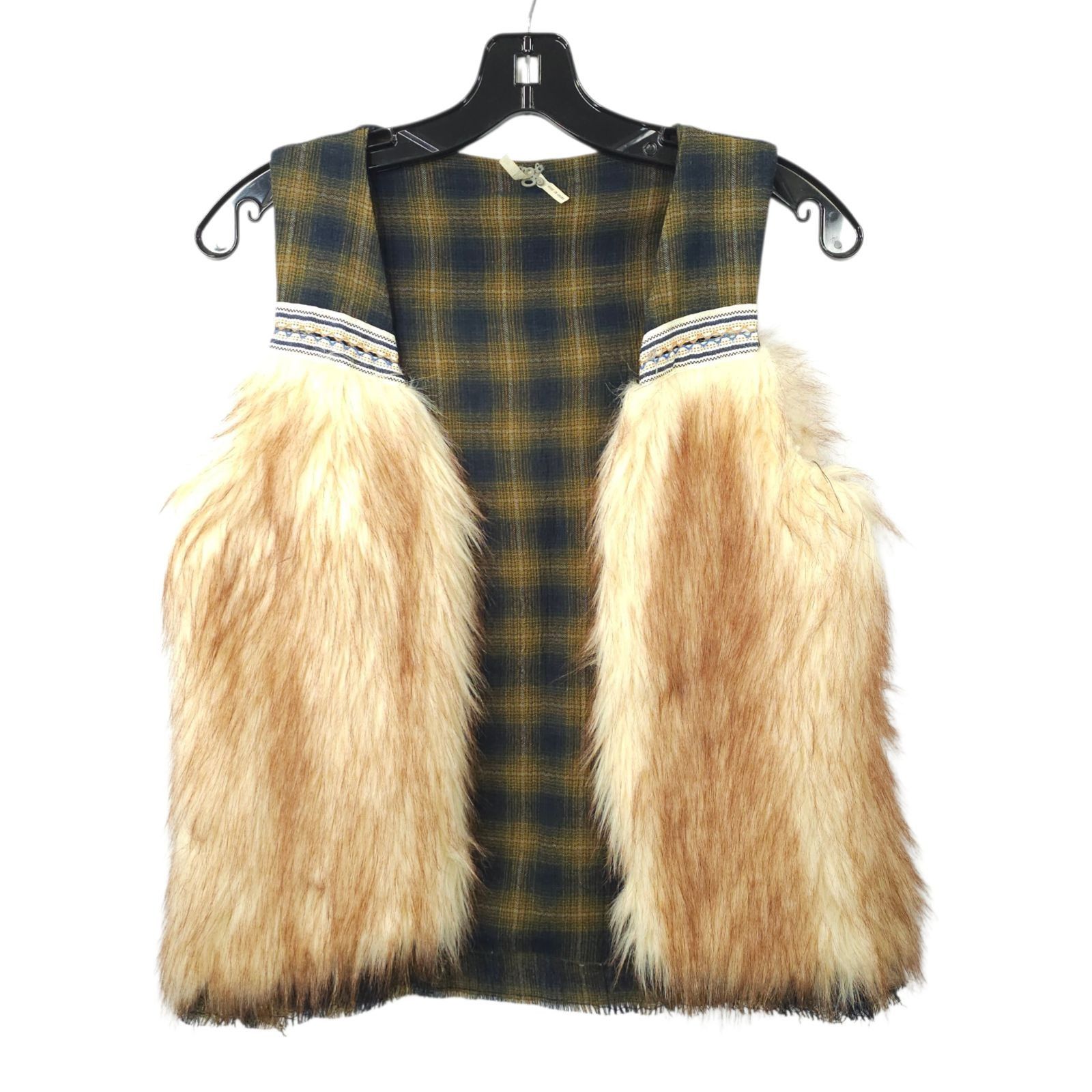 BKE BKE Gimmicks Faux Fur Vest S Brown Green Plaid Boho Shaggy Size S / US 4 / IT 40 - 1 Thumbnail