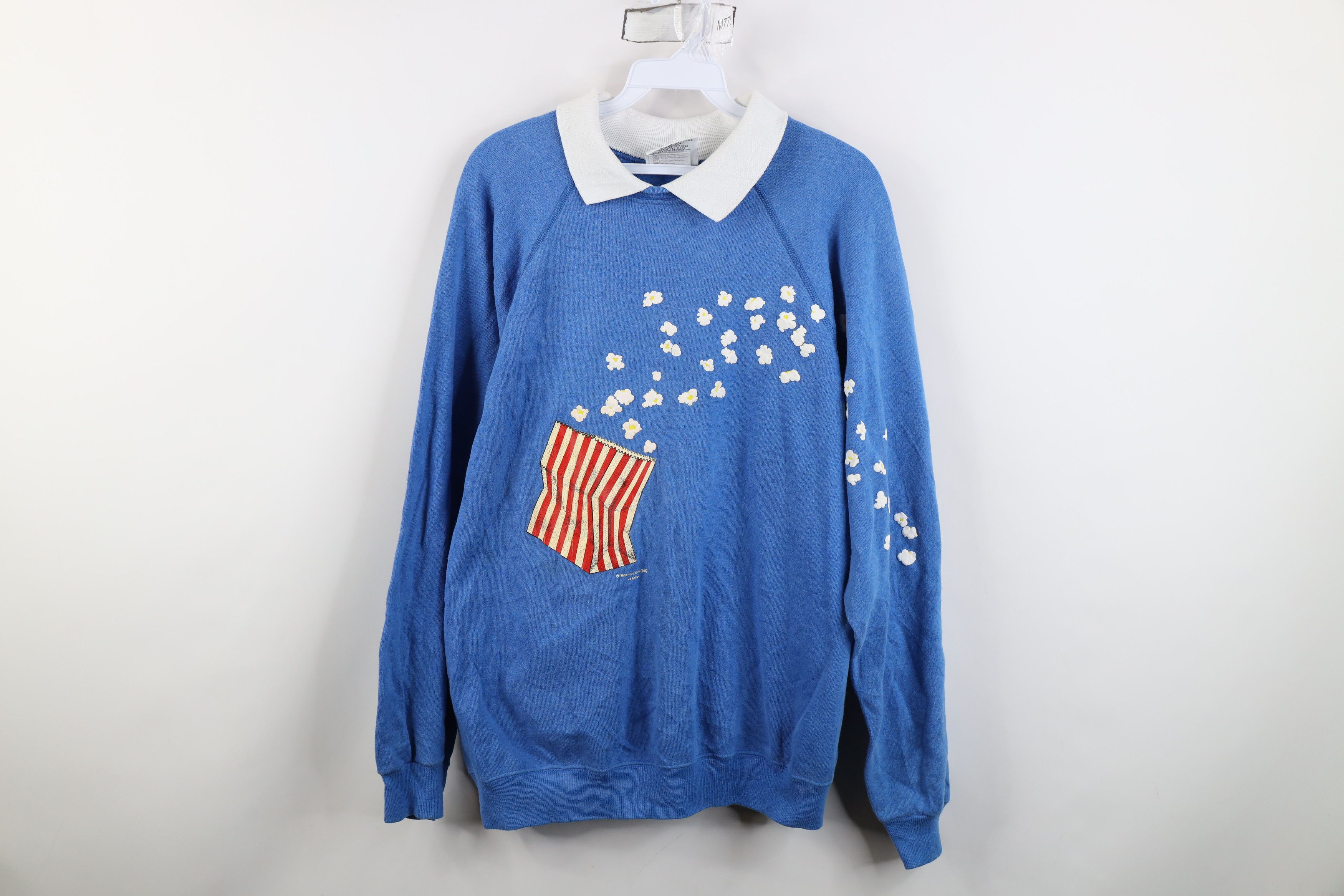 Vintage Vintage 80s Streetwear Popcorn Collared Sweatshirt Blue USA Size L / US 10 / IT 46 - 1 Thumbnail