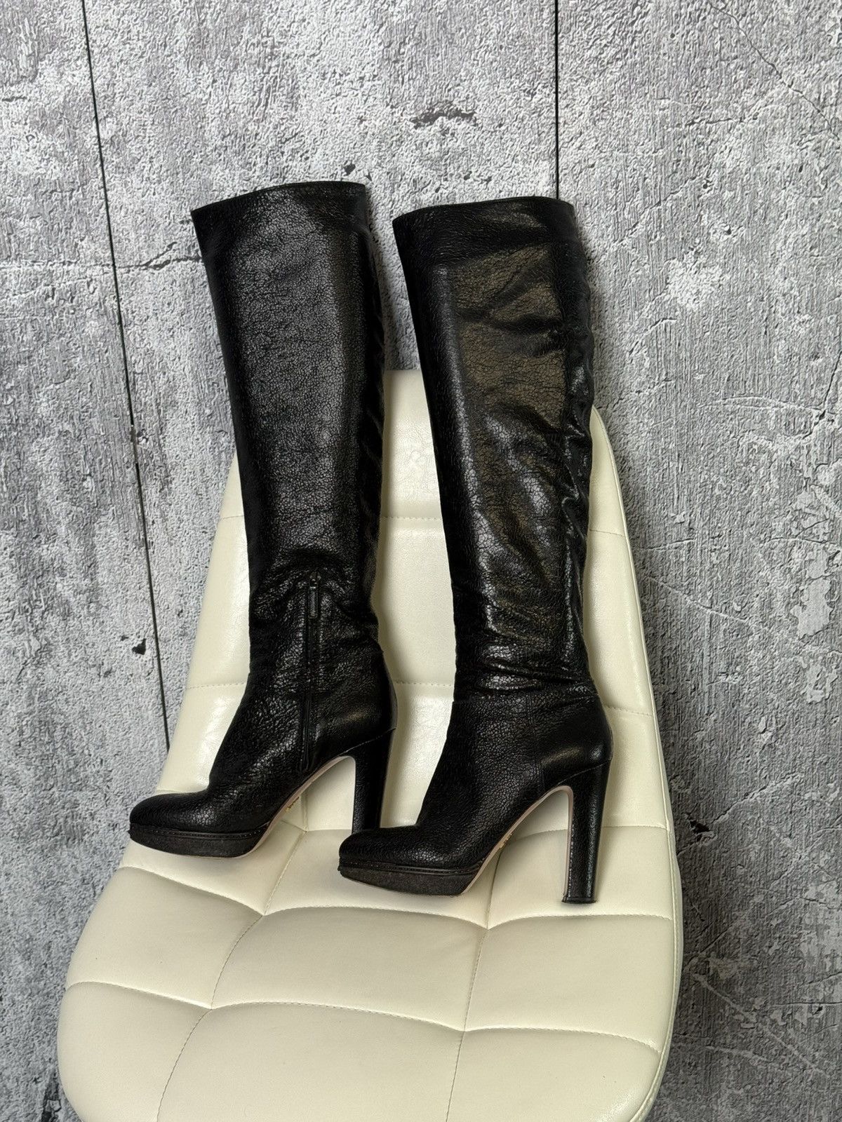 Prada Prada Black Textured Leather Knee High Platform Heeled Boots Size US 8 / IT 38 - 1 Thumbnail