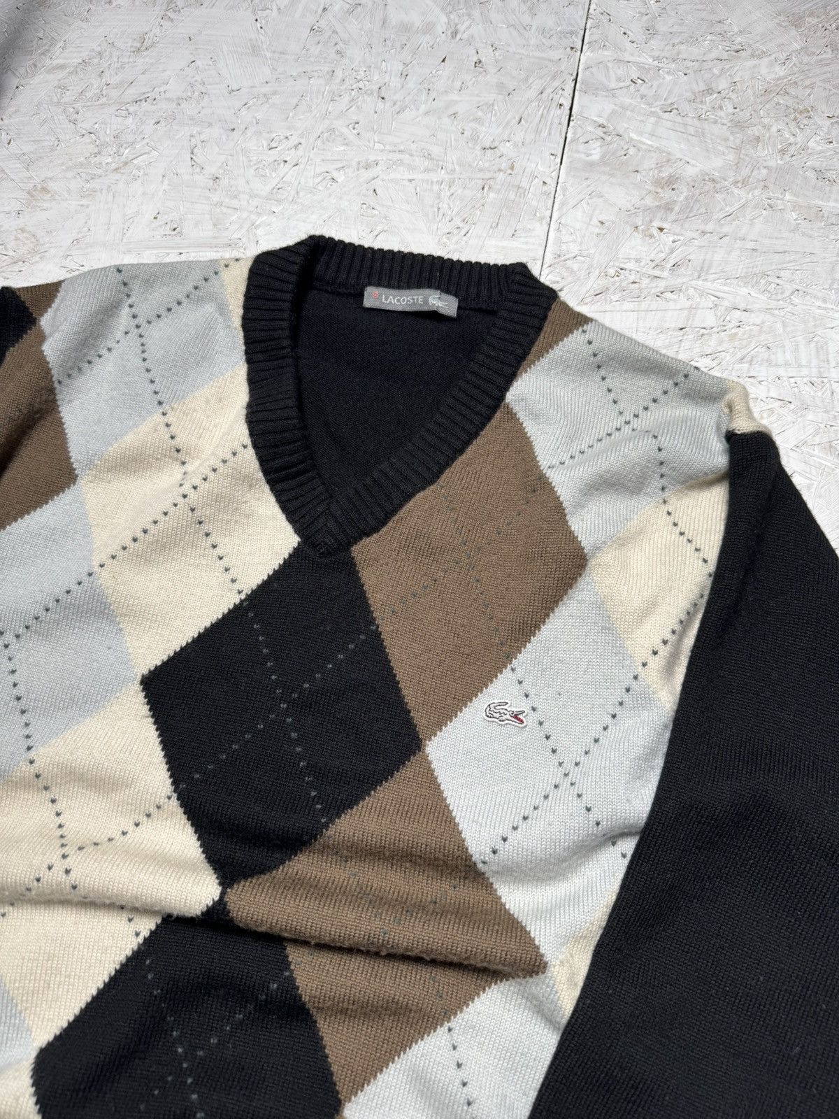 Lacoste × Vintage Vintage Lacoste Grandpa Black Blue Brown Cardigan Rhombuses Size US L / EU 52-54 / 3 - 5 Thumbnail