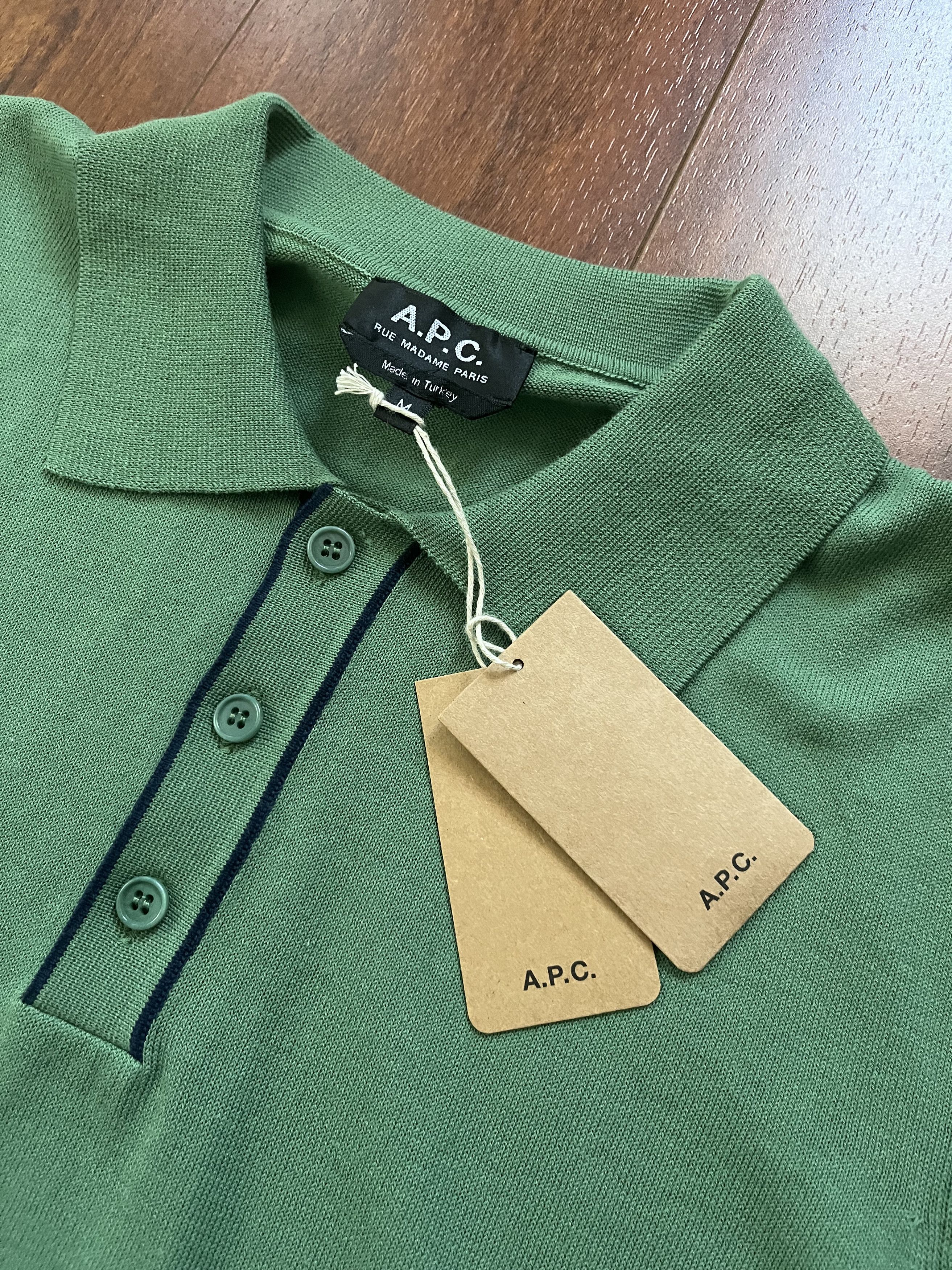 image of A P C NWT Jacky Knit Short Sleeve Polo Shirt in Vert Green/Marine Blue, Men's (Size Medium)