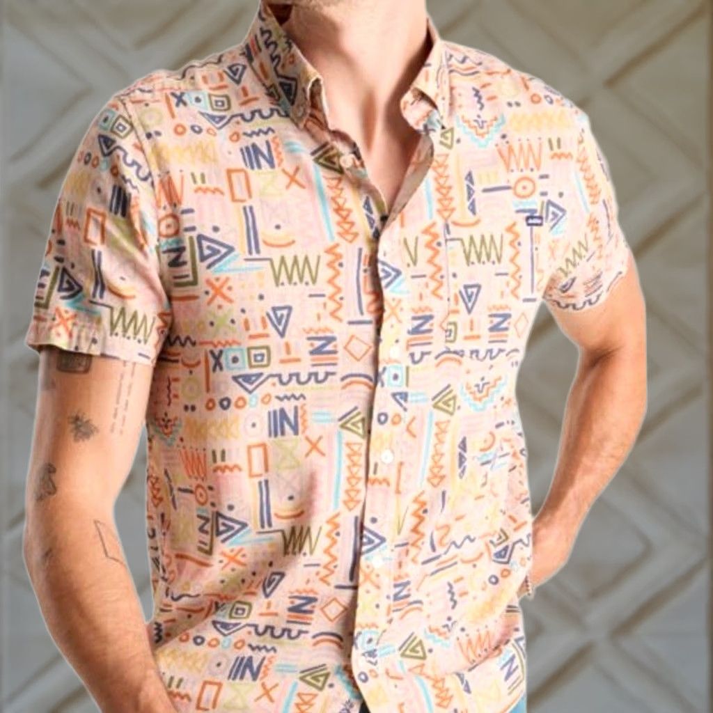 Chubbies Chubbies Shirt Mens S Tan Disco Slub Poplin Resort Geometric Print Short Sleeve Button Size US S / EU 44-46 / 1 - 1 Thumbnail