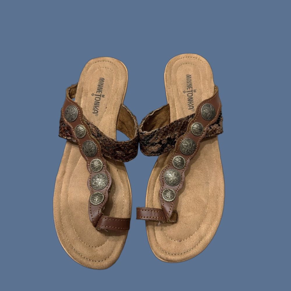 Minnetonka Minnetonka Brown Concho Keystone Whiskey Phyton Snakeskin Wedge Sandal - Slip On, Women, Size 8 Size US 8 / IT 38 - 1 Thumbnail