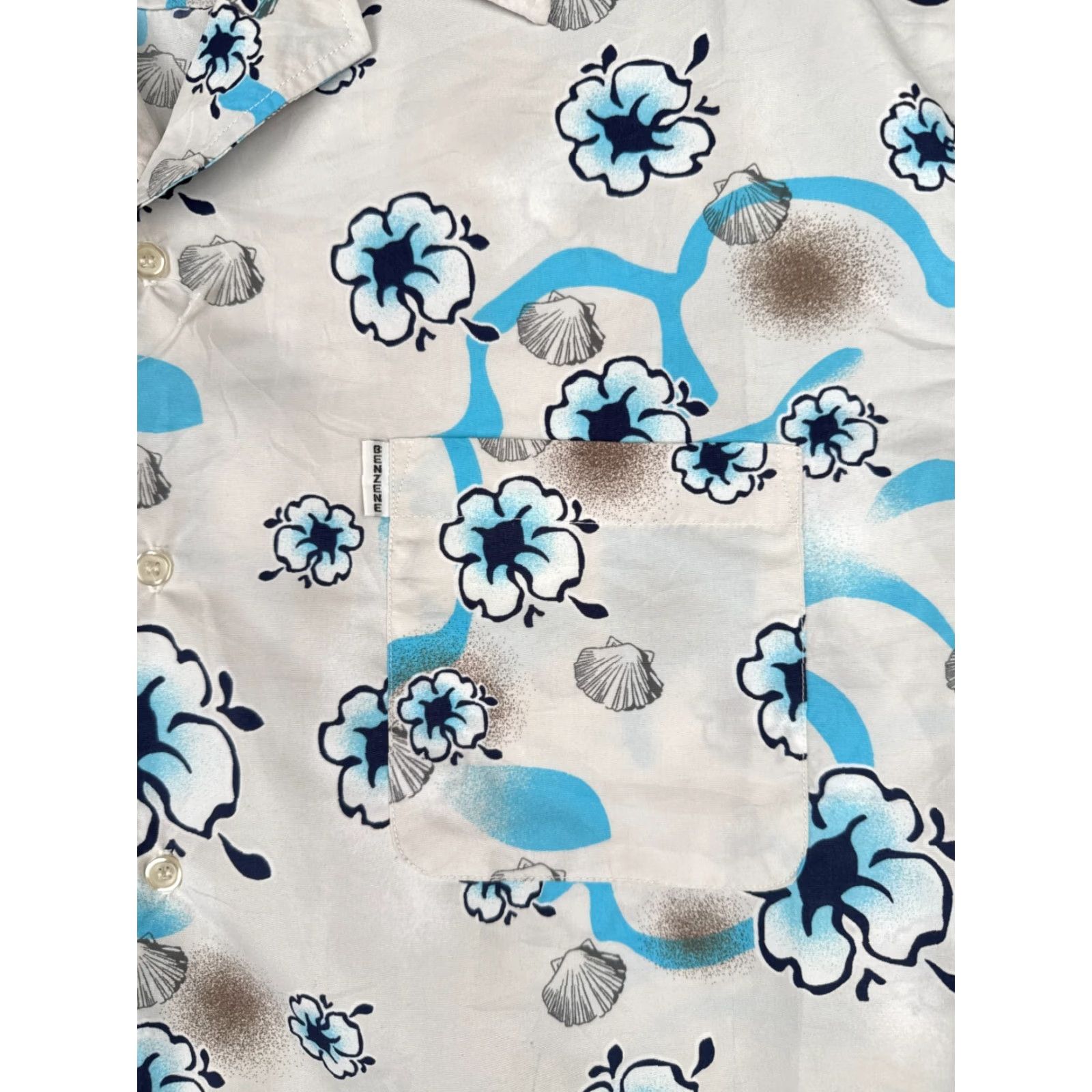 Vintage Benzene Shirt Mens Large White Blue Floral Hibiscus Palm Tree Polyester Hawaiian Size US L / EU 52-54 / 3 - 6 Thumbnail