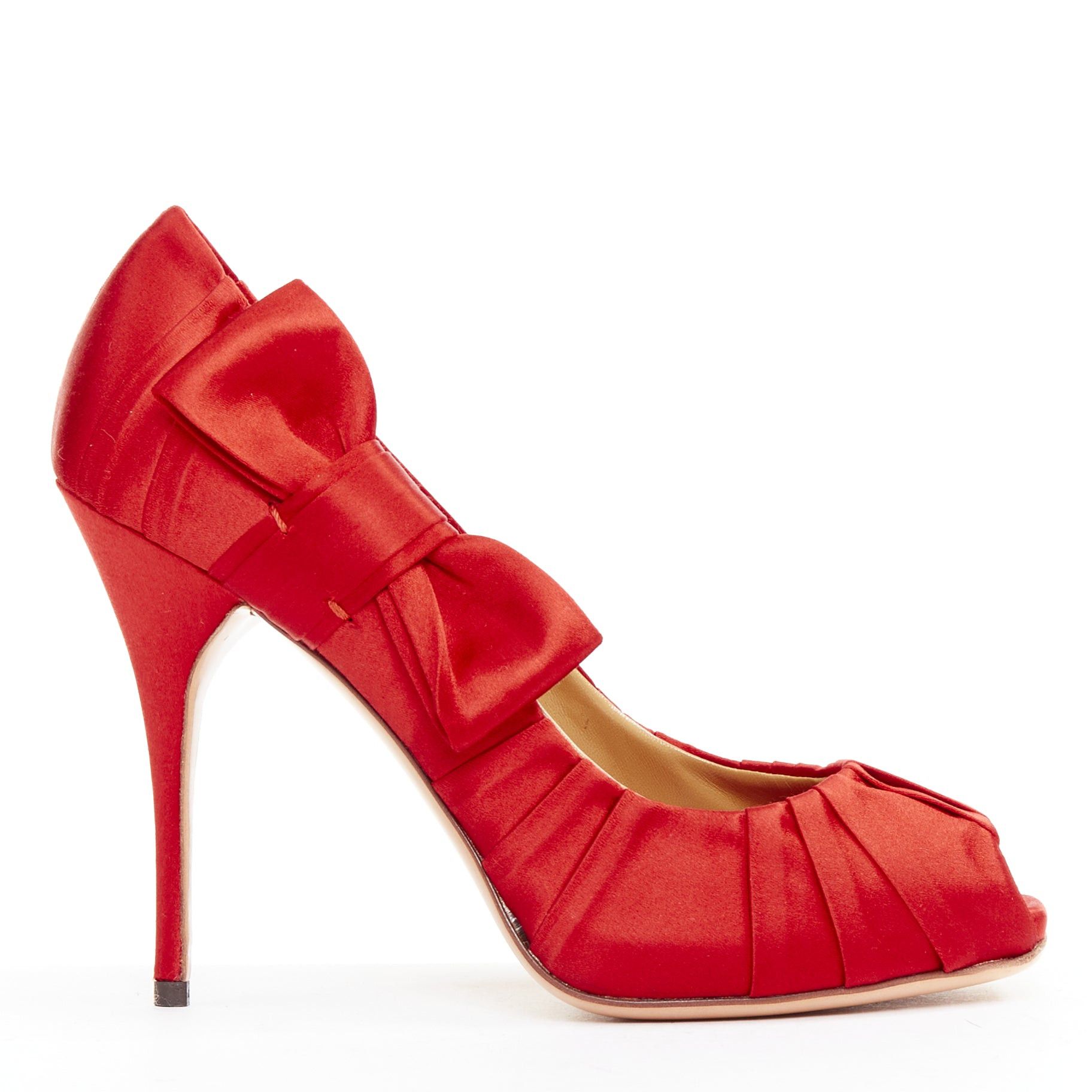 Valentino VALENTINO red pleated satin ribbon bow peep toe stiletto pumps EU37 Size US 7 / IT 37 - 1 Thumbnail
