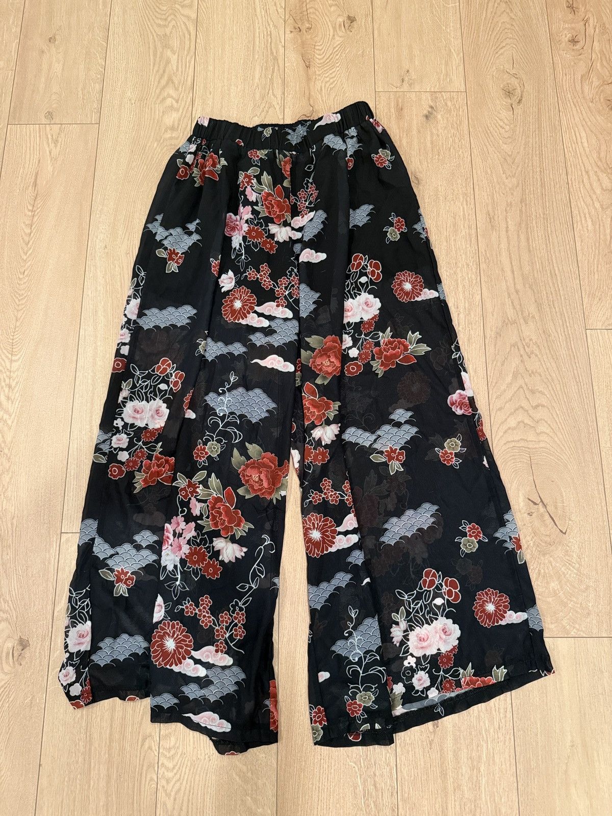 Other Black Floral Wide-Leg Asian Palazzo Semi Sheet Pants Size 32" / US 10 / IT 46 - 3 Thumbnail