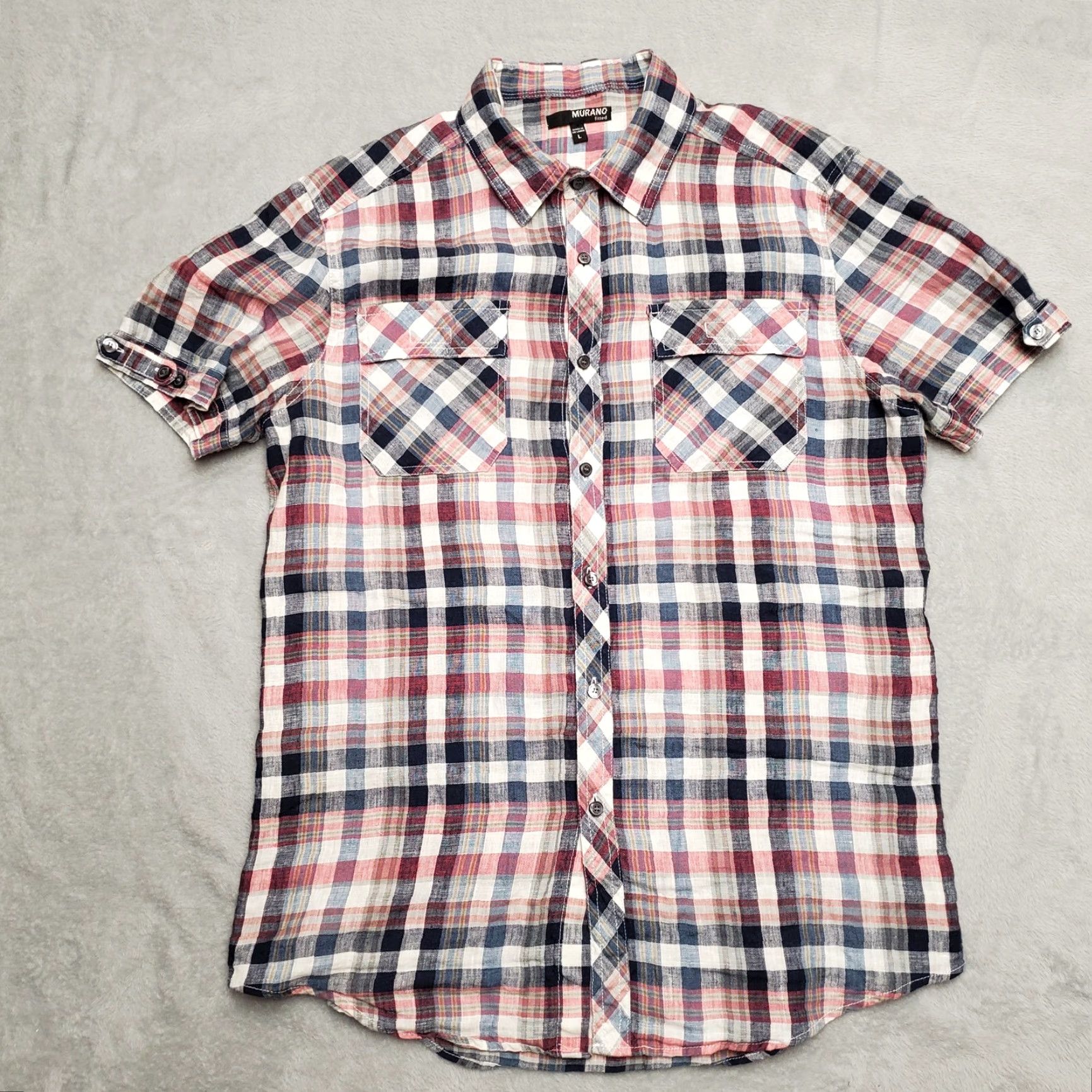 Murano Murano Shirt Mens L Blue Pink Plaid 100% Linen Short Sleeve Button Fitted Size US L / EU 52-54 / 3 - 2 Thumbnail