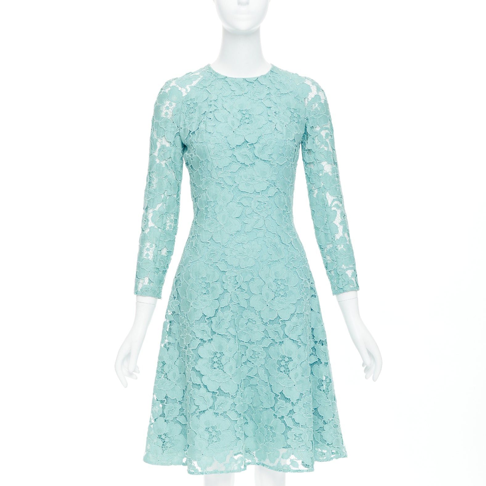 Oscar De La Renta OSCAR DE LA RENTA P16 turquoise green cotton blend floral lace  dress