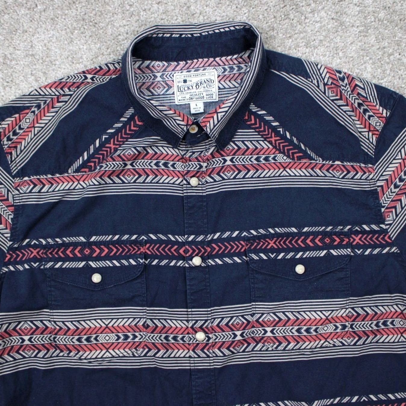 Lucky Brand Lucky Brand Pearl Snap Shirt Mens L Blue/Pink/White Cotton Stretch S/S Shirt Size US L / EU 52-54 / 3 - 5 Thumbnail