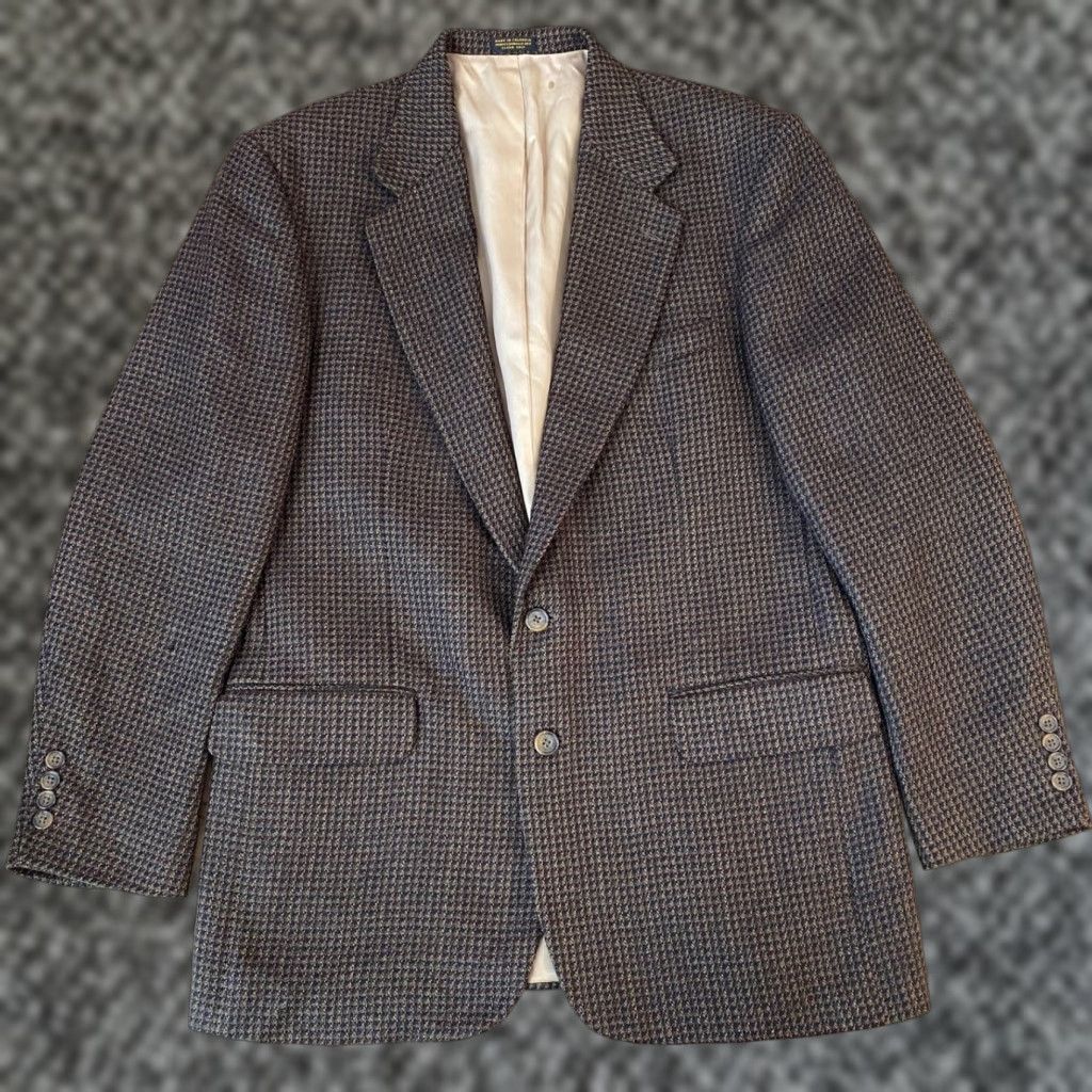 Oscar De La Renta Oscar de la Renta Blazer Mens 42L Wool Tweed Houndstooth Brown 2 Button Jacket Size 42R - 1 Thumbnail