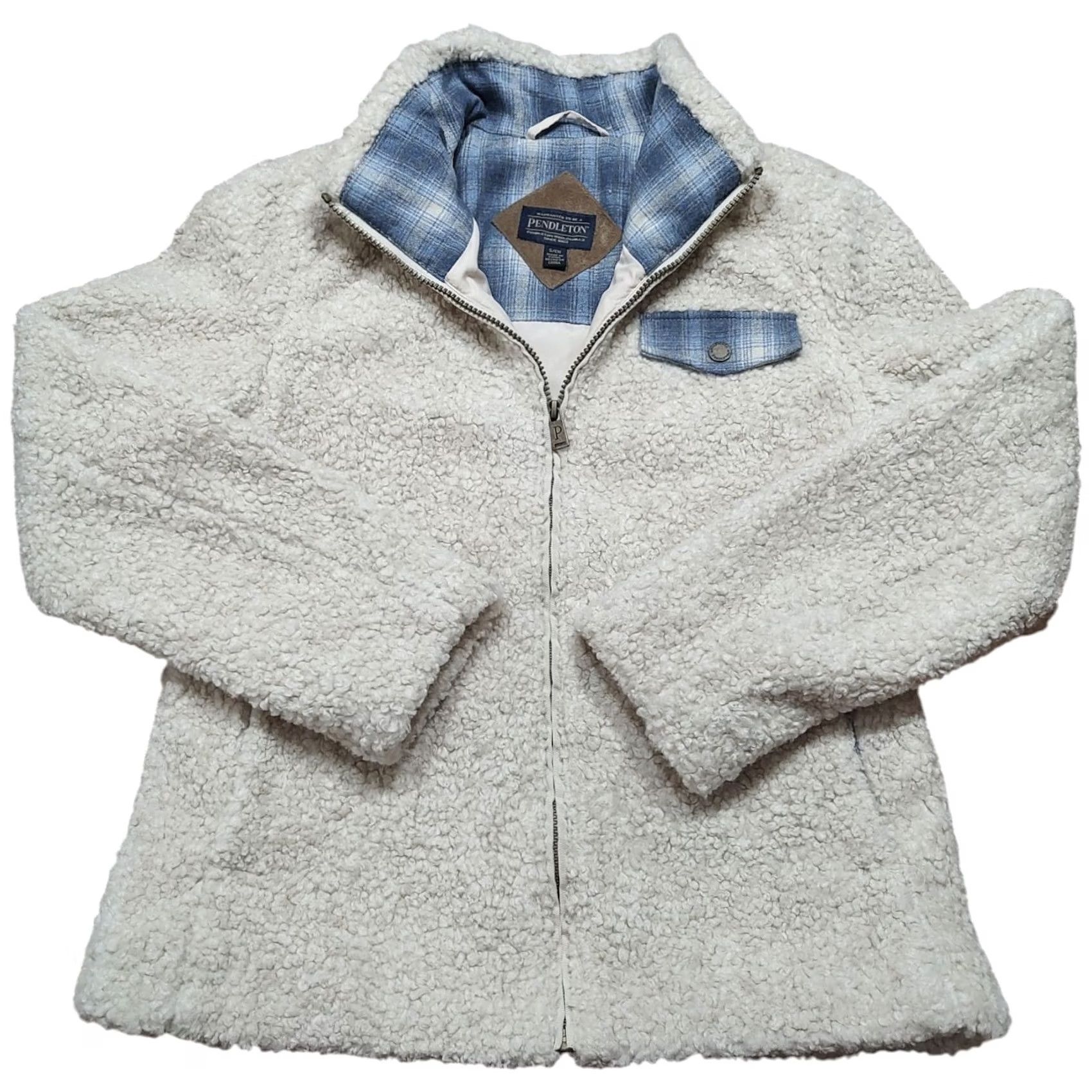 Pendleton Pendleton Jacket Beige Women S Zip Up Fleece Jacket Fuzzy Front Pocket Plaid Accents Size S / US 4 / IT 40 - 2 Thumbnail