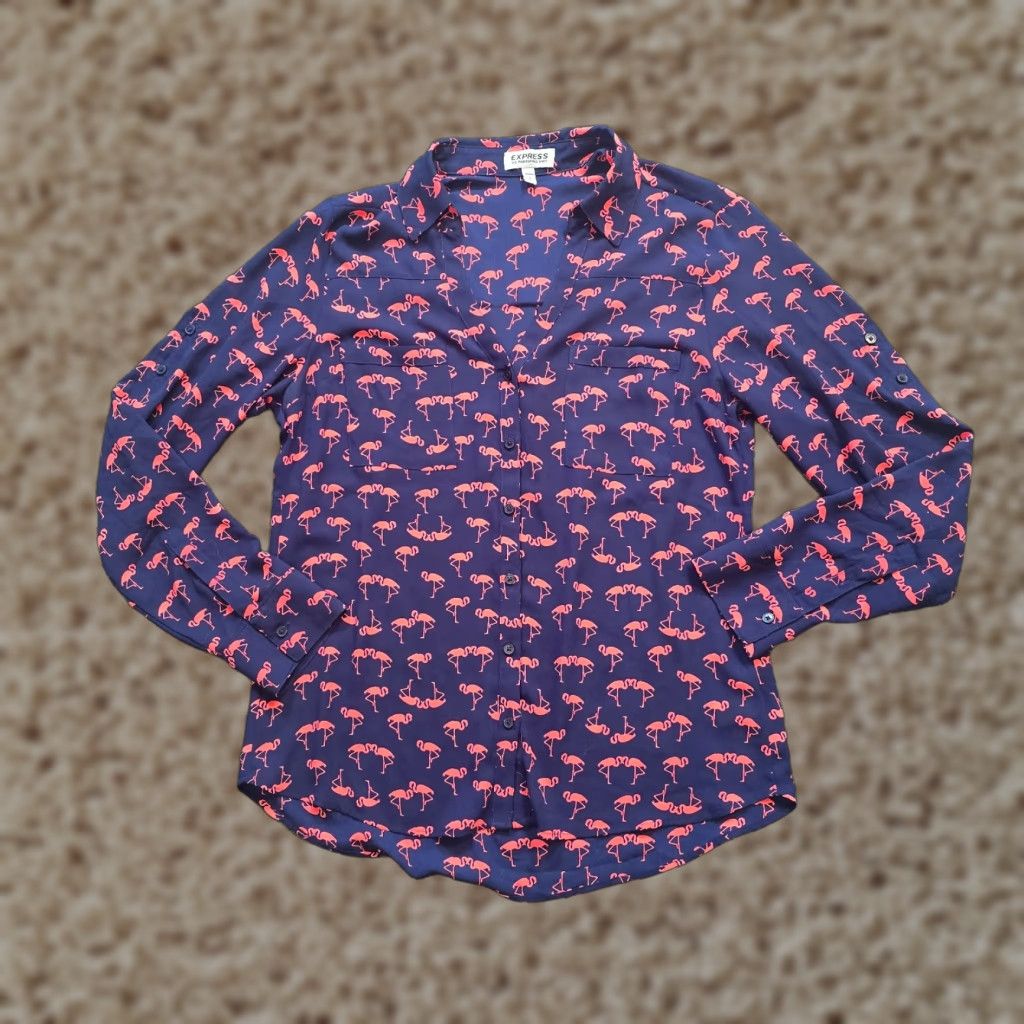 Express Express Top Women Small Blue Flamingo Portofino Sheer Long Sleeve Career Blouse Size S / US 4 / IT 40 - 1 Thumbnail