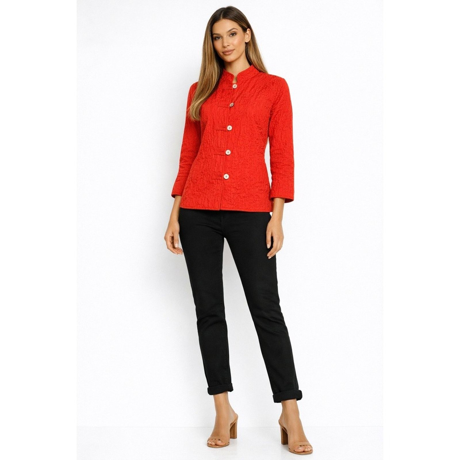 Chicos Chico's Red Textured Mandarin Jacket Sz 1 M Crinkle Cloque Size M / US 6-8 / IT 42-44 - 1 Thumbnail