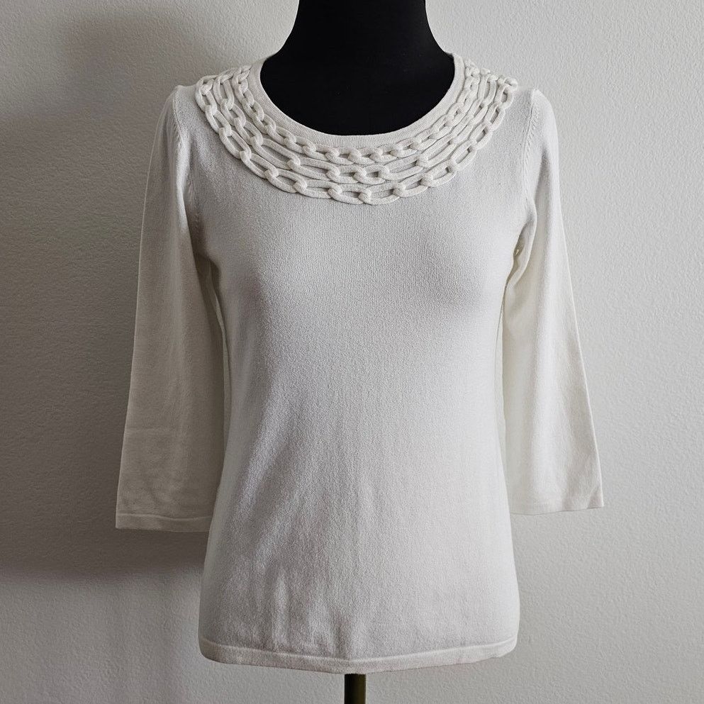 J.McLaughlin J. Mclaughlin Off-White Print Cotton 3/4 Sleeves Sweater XS Size XS / US 0-2 / IT 36-38 - 1 Thumbnail