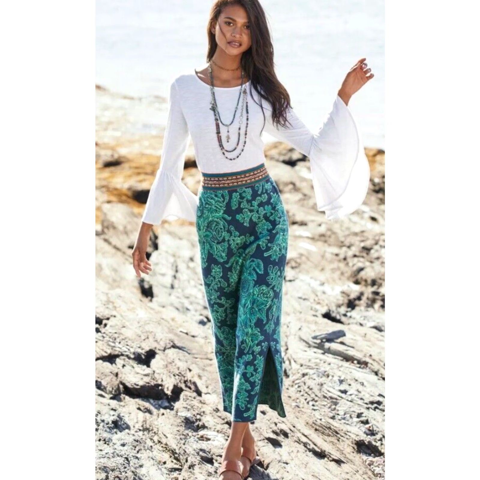 Vintage VINTAGE Peruvian Connection Women’s Skirt XS Midi Floral Knit Pima Cotton Jade Blue Green 90s Size 26" / US 2 / IT 38 - 2 Thumbnail
