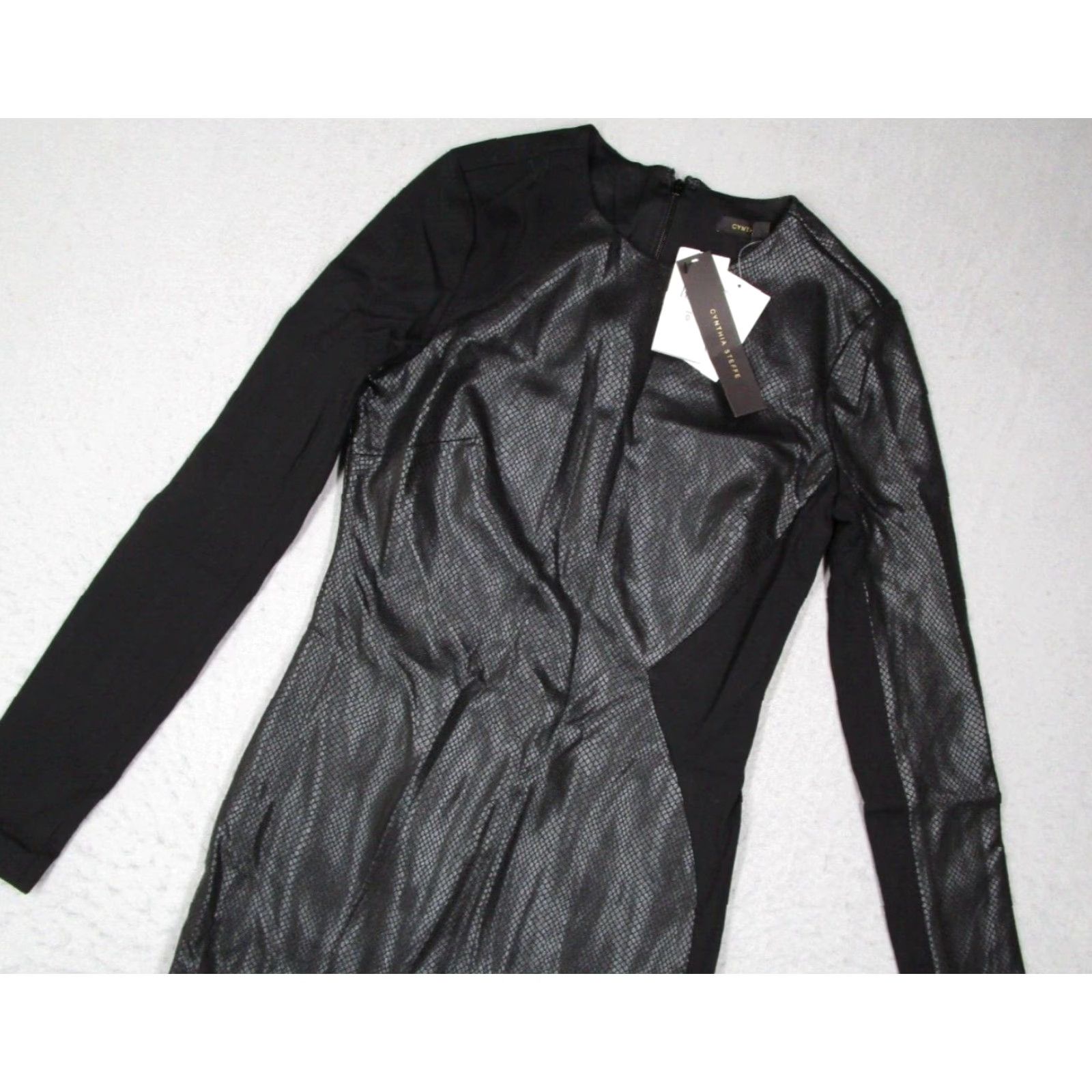 Vintage CYNTHIA STEFFE Dress Womens 0 Black Geometric Sheath Long Sleeve Knee Length Crew Neck Zip Formal, Party/Cocktail, Travel Size XS / US 0-2 / IT 36-38 - 2 Thumbnail