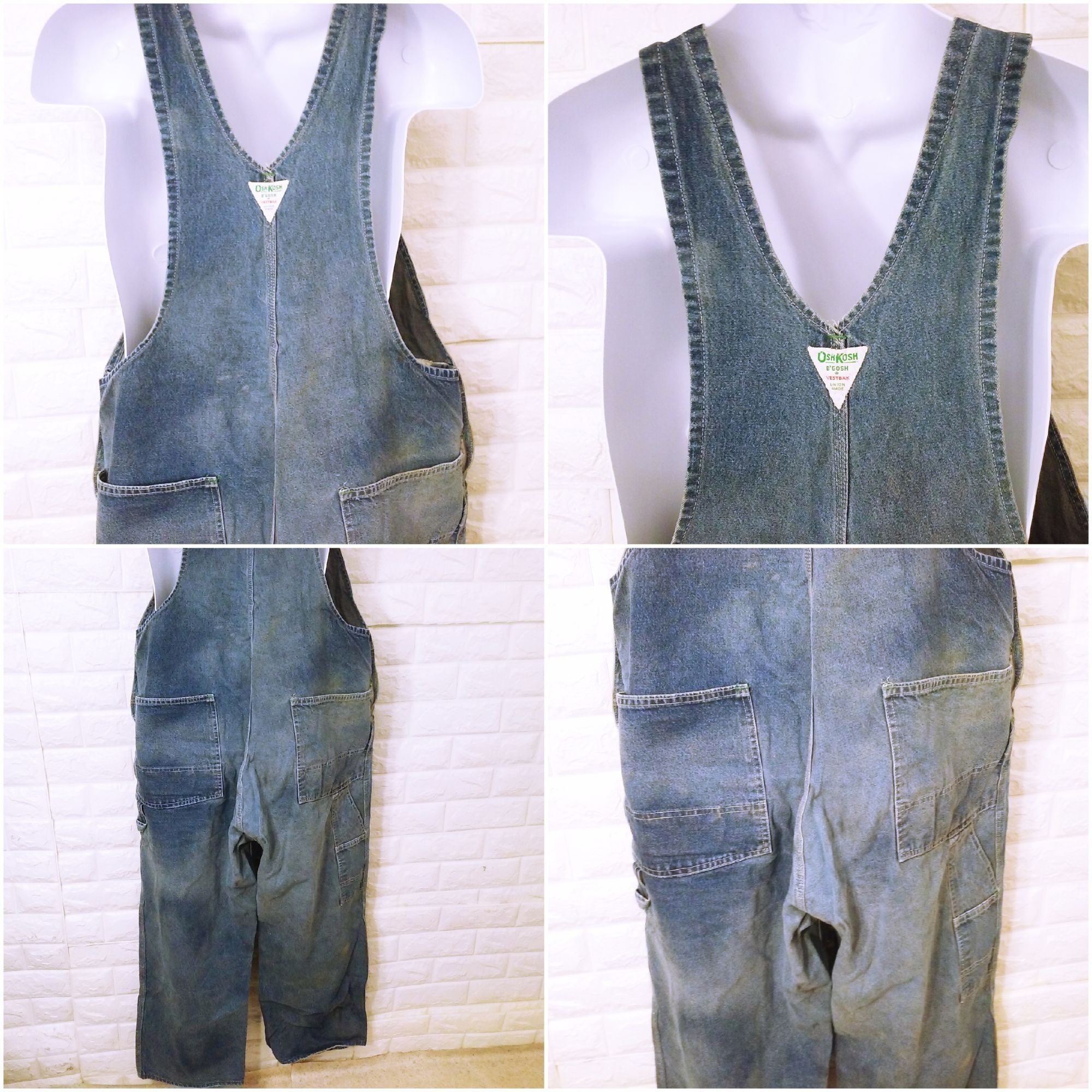 Vintage osh kosh vestback straight leg dark wash denim cargo hotsell overalls