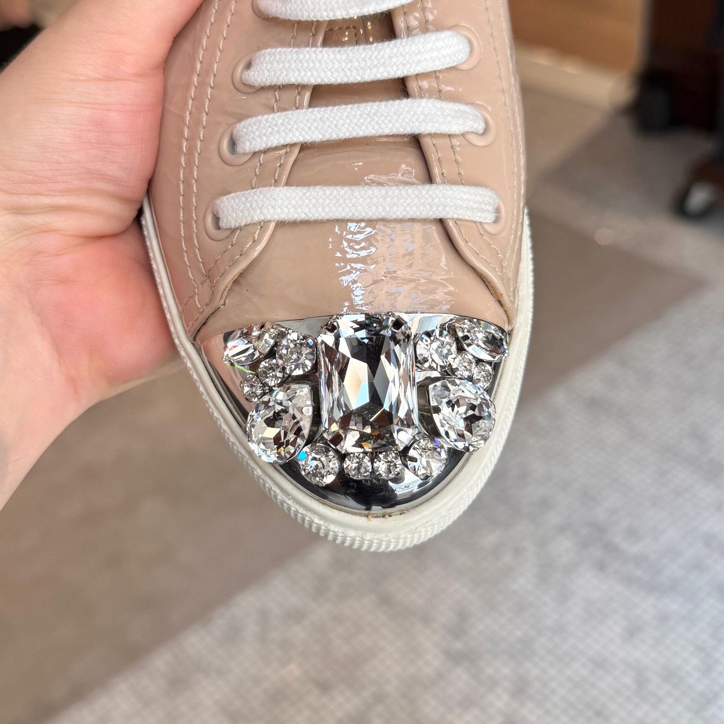 Miu Miu Miu Miu Nude Pink Patent Crystal Cap Top Sneakers Size US 8 / IT 38 - 12 Thumbnail