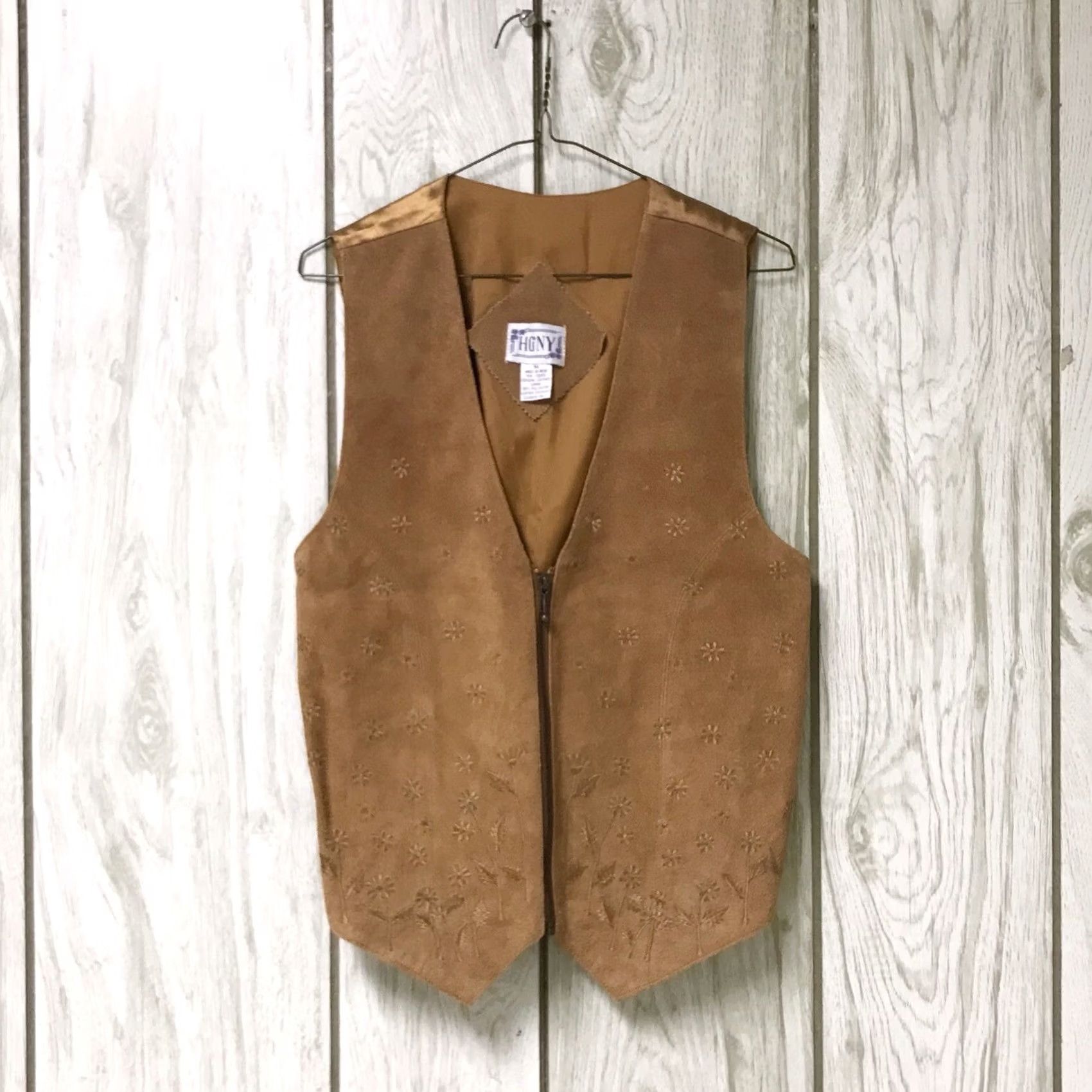 Camel VINTAGE HGNY Women Camel Brown Suede Embroidered Floral Cinched Zip Waistcoat Vest M Size M / US 6-8 / IT 42-44 - 2 Thumbnail