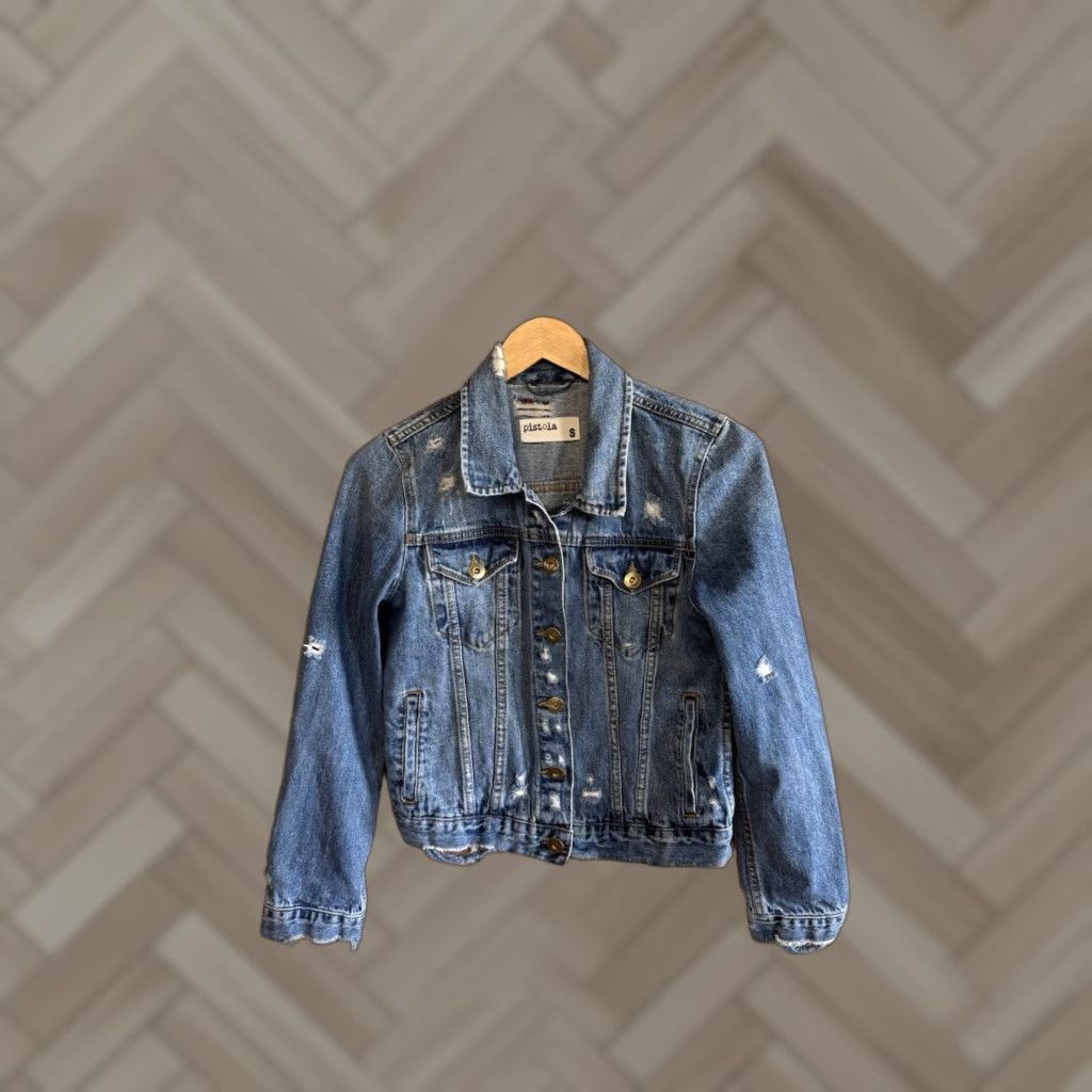 Pistola Pistola Womens Blue Denim Jacket Size Small Button Up Distressed Jacket Women's Small Denim Pistola Blue Button Up Distressed 90s Size S / US 4 / IT 40 - 1 Thumbnail