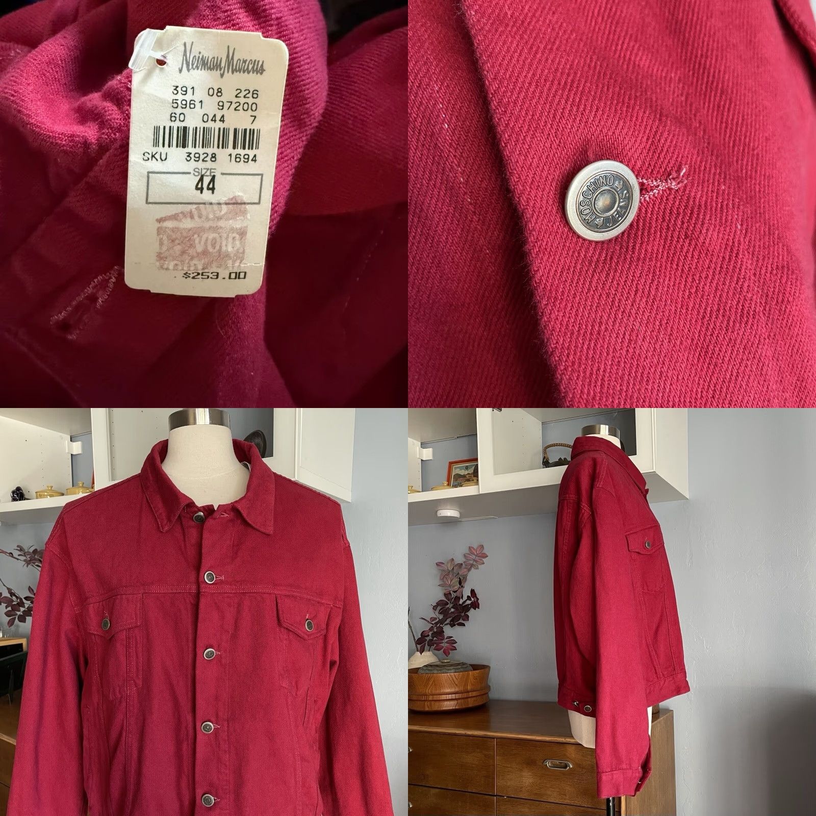 Moschino VINTAGE Moschino Jeans Red Denim Jean Jacket Trucker US 38 / IT 54 Womens Jacket L Cotton Logo 90s Button Front Pockets Size 36" / US 14 / IT 50 - 8 Thumbnail