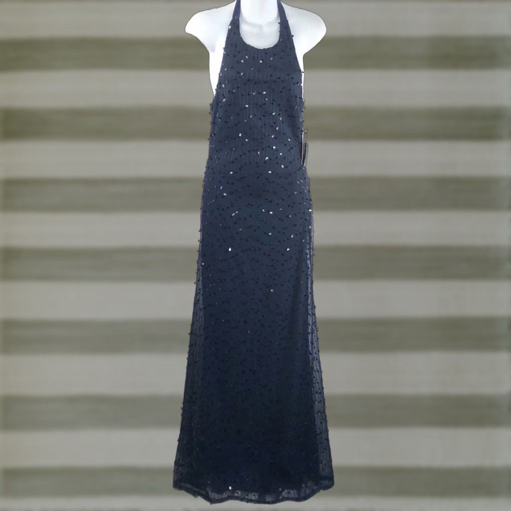 **Lulus Blue Maxi Dress S Satin Sequin Halter Zip Formal Party/Cocktail** User: Lulus Blue Maxi Dress S Satin Sequin Halter Zip Formal Party/Cocktail